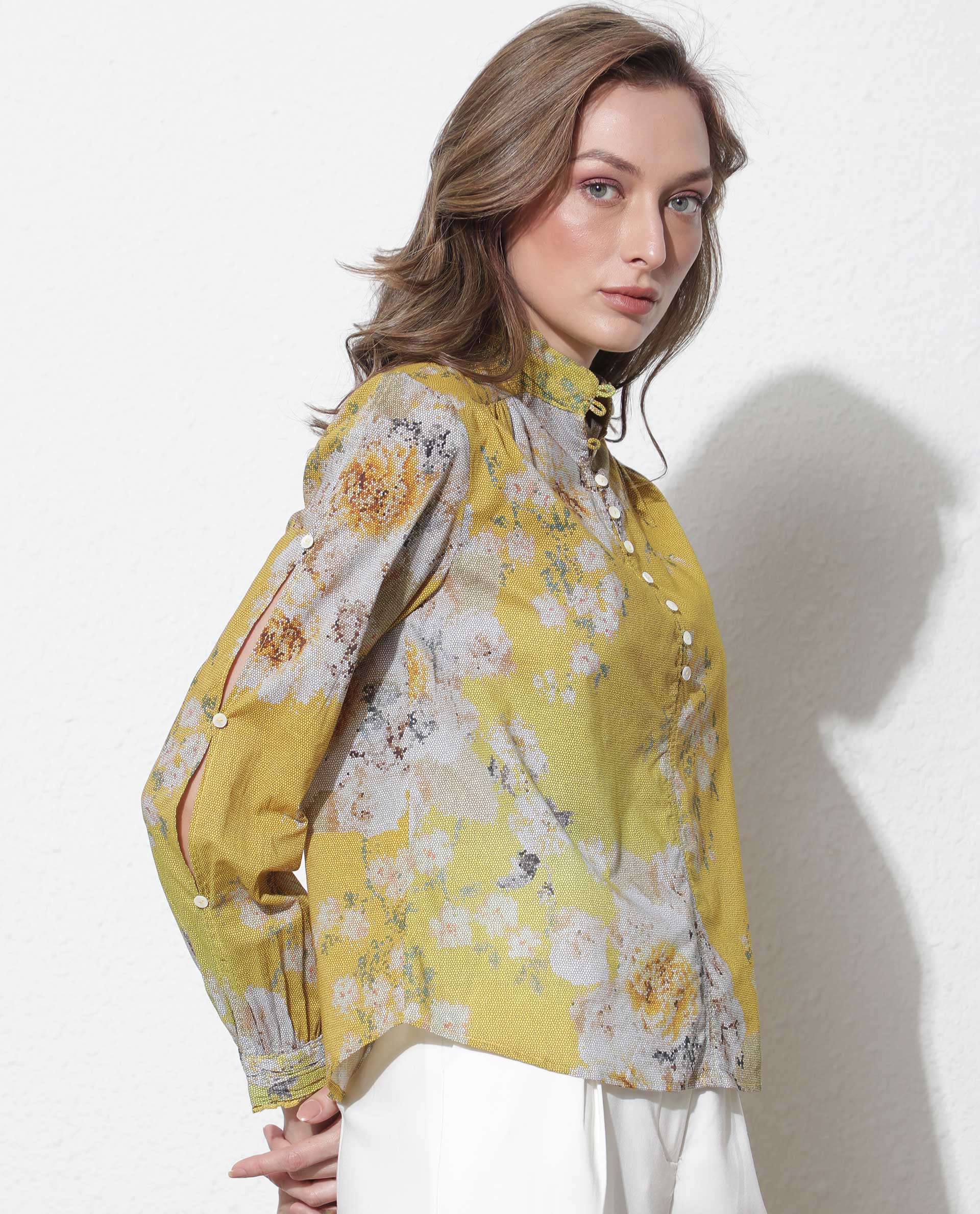 Rareism Women Morgan Dark Yellow Cotton Fabric Regular Fit High Neck Full Sleeves Floral Print Top