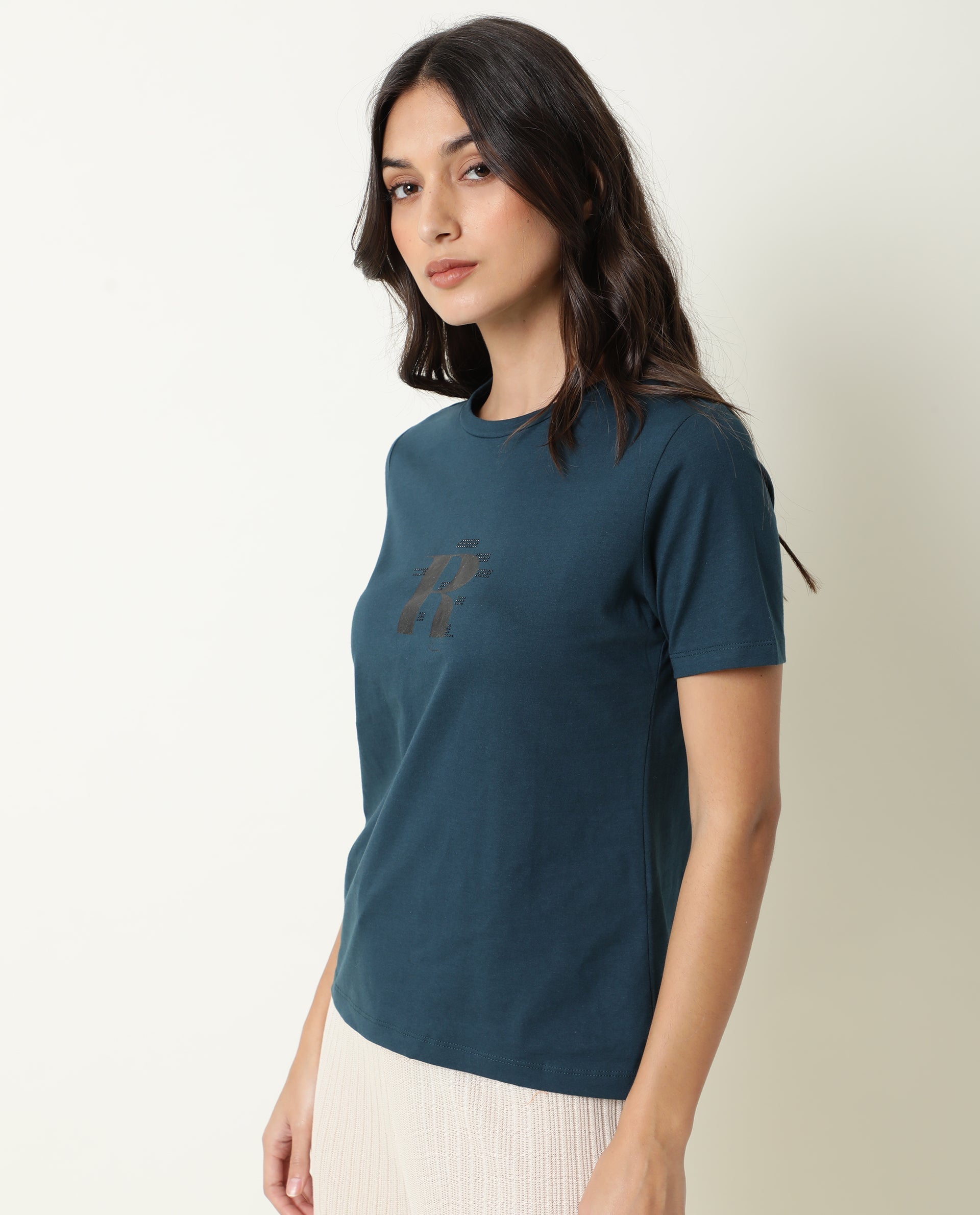 Rareism Women Moes Petrol Cotton Fabric Regular Fit Half Sleeves Graphic Print Crew Neck T-Shirt