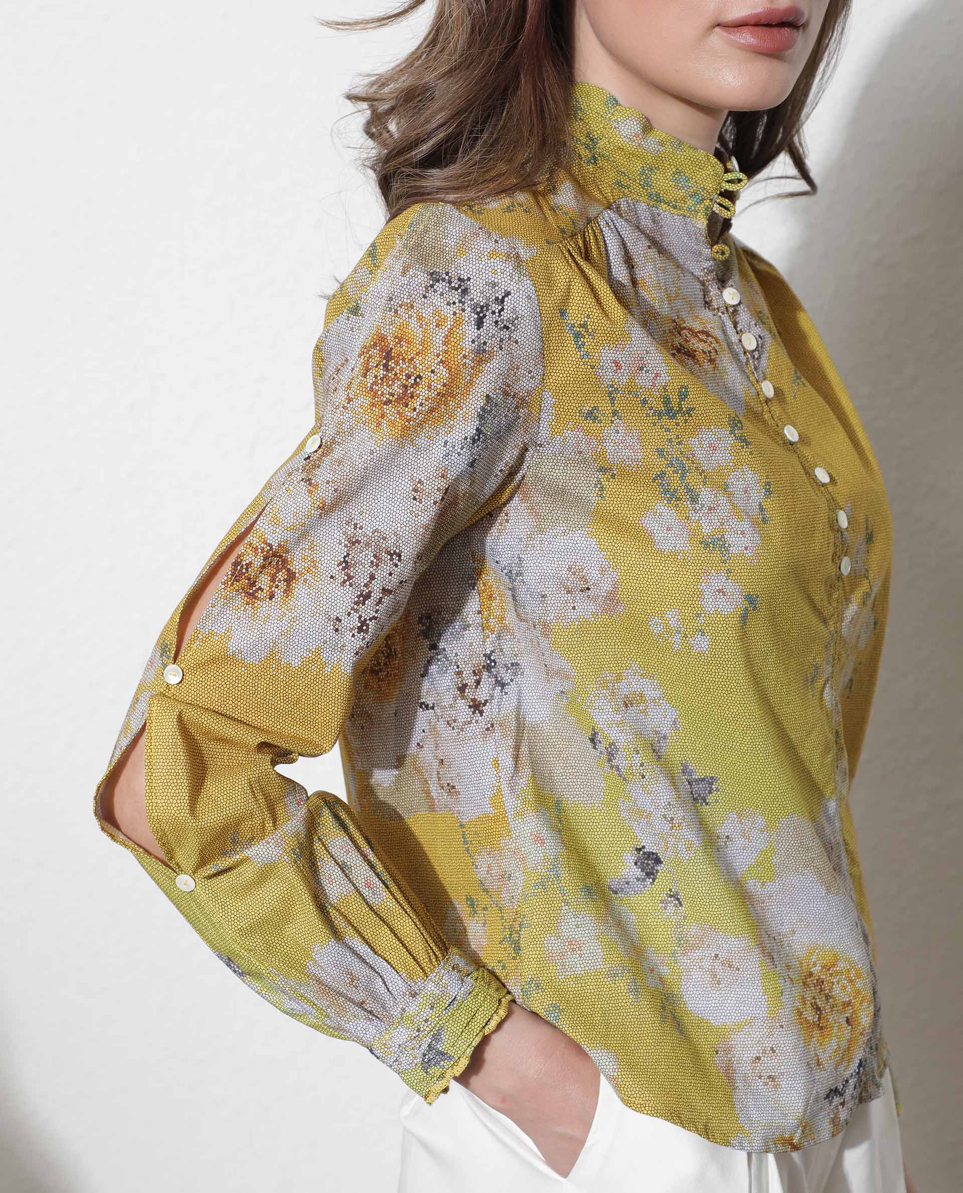 Rareism Women Morgan Dark Yellow Cotton Fabric Regular Fit High Neck Full Sleeves Floral Print Top