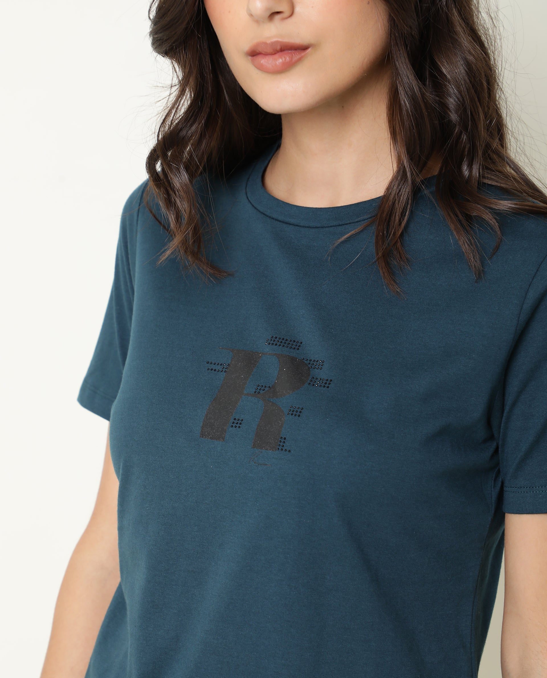 Rareism Women Moes Petrol Cotton Fabric Regular Fit Half Sleeves Graphic Print Crew Neck T-Shirt
