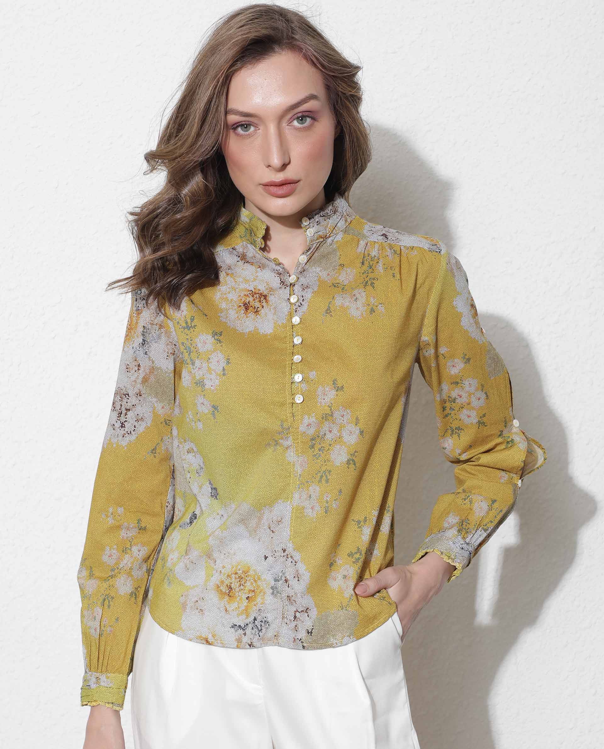 Rareism Women Morgan Dark Yellow Cotton Fabric Regular Fit High Neck Full Sleeves Floral Print Top