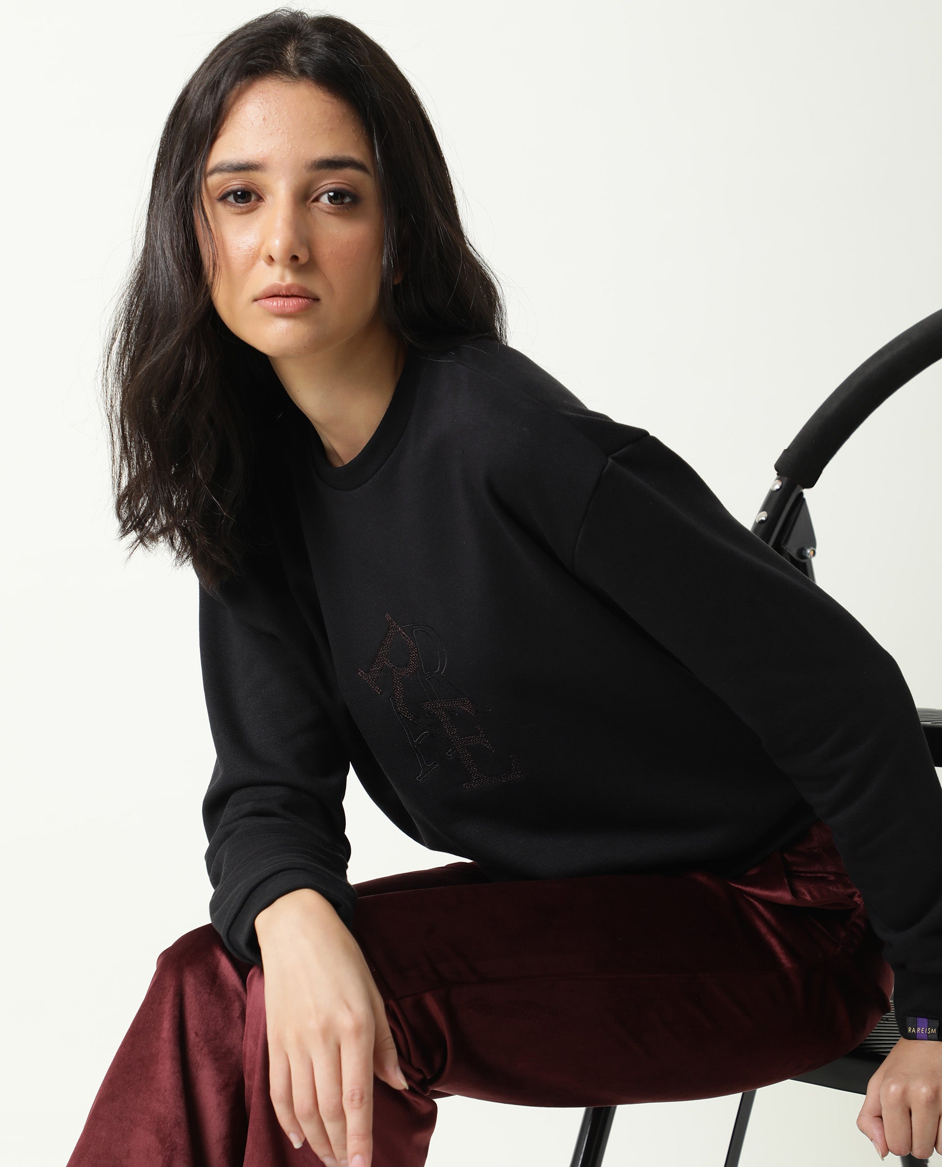 Rareism Women Sandor Black Cotton Poly Fabric Relaxed Fit Full Sleeves Solid Crew Neck Sweatshirt
