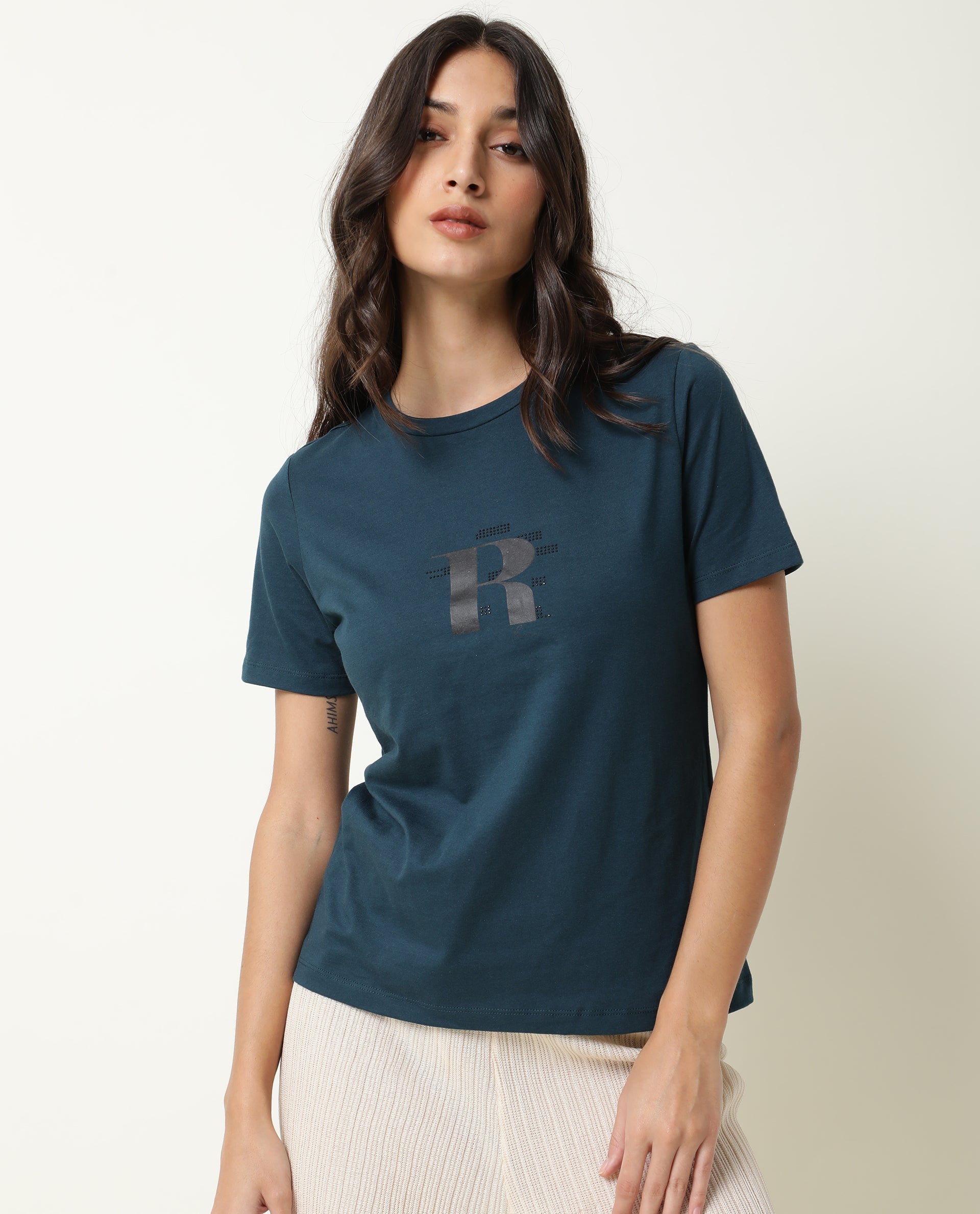 Rareism Women Moes Petrol Cotton Fabric Regular Fit Half Sleeves Graphic Print Crew Neck T-Shirt
