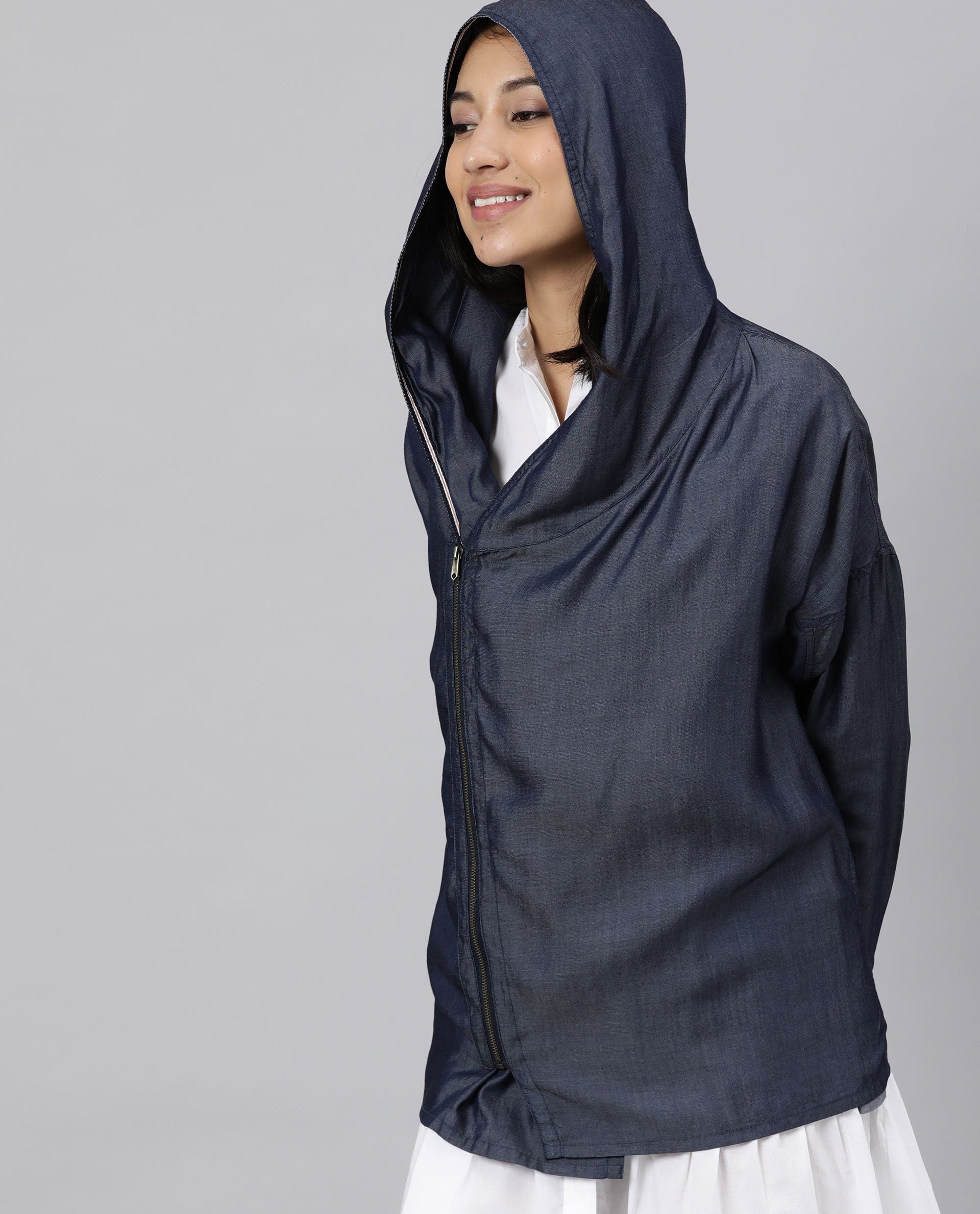 Rareism Womens Hemp Bark Blue Hoodie Zipper Closure