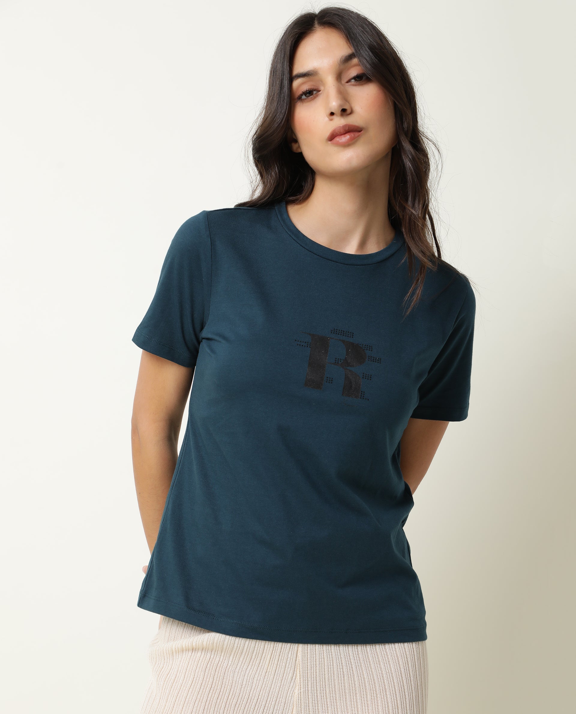 Rareism Women Moes Petrol Cotton Fabric Regular Fit Half Sleeves Graphic Print Crew Neck T-Shirt