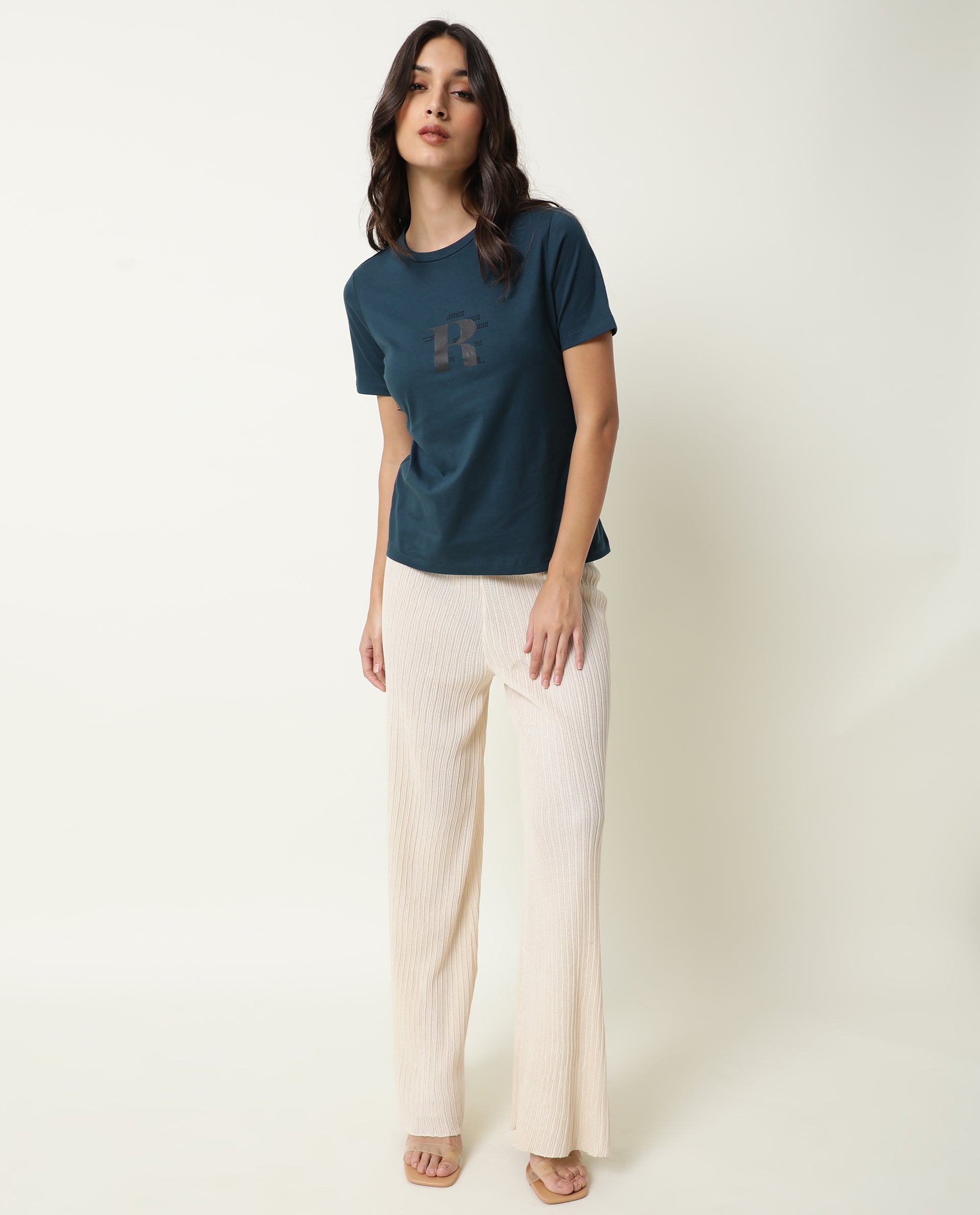 Rareism Women Moes Petrol Cotton Fabric Regular Fit Half Sleeves Graphic Print Crew Neck T-Shirt