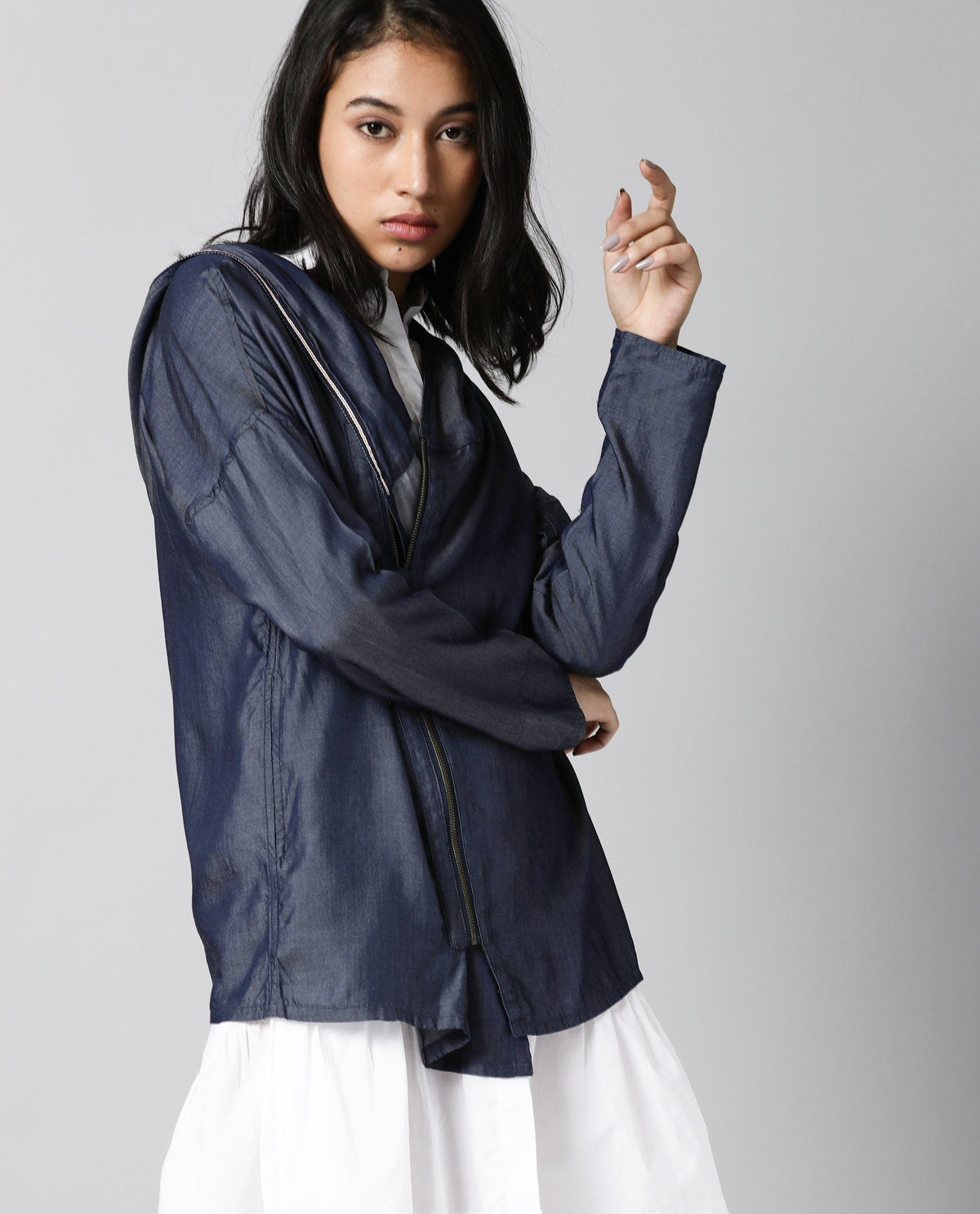 Rareism Womens Hemp Bark Blue Hoodie Zipper Closure