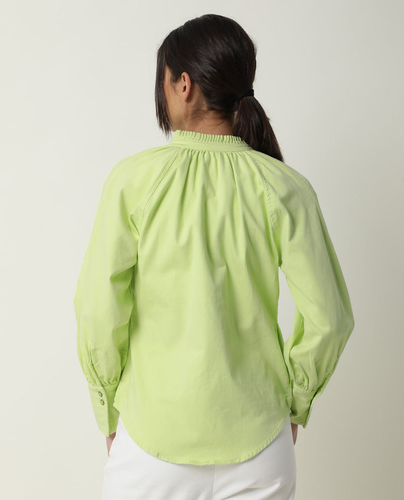 Rareism Women Bellona Green Cotton Fabric Full Sleeves Solid Ruffled Neck Jacket