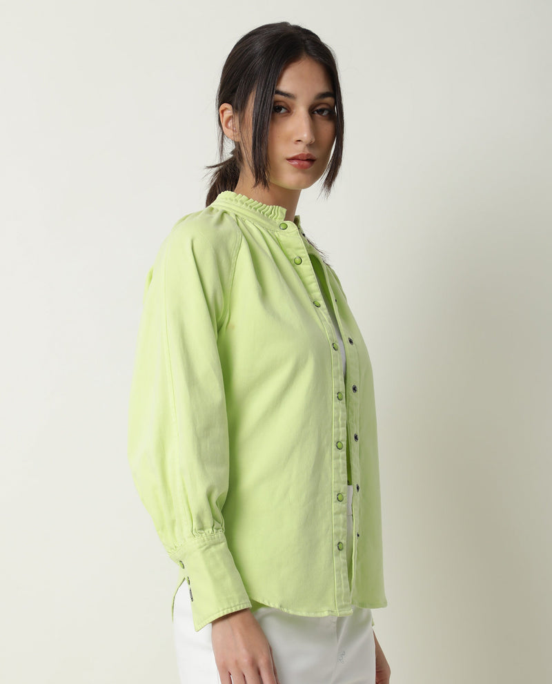 Rareism Women Bellona Green Cotton Fabric Full Sleeves Solid Ruffled Neck Jacket