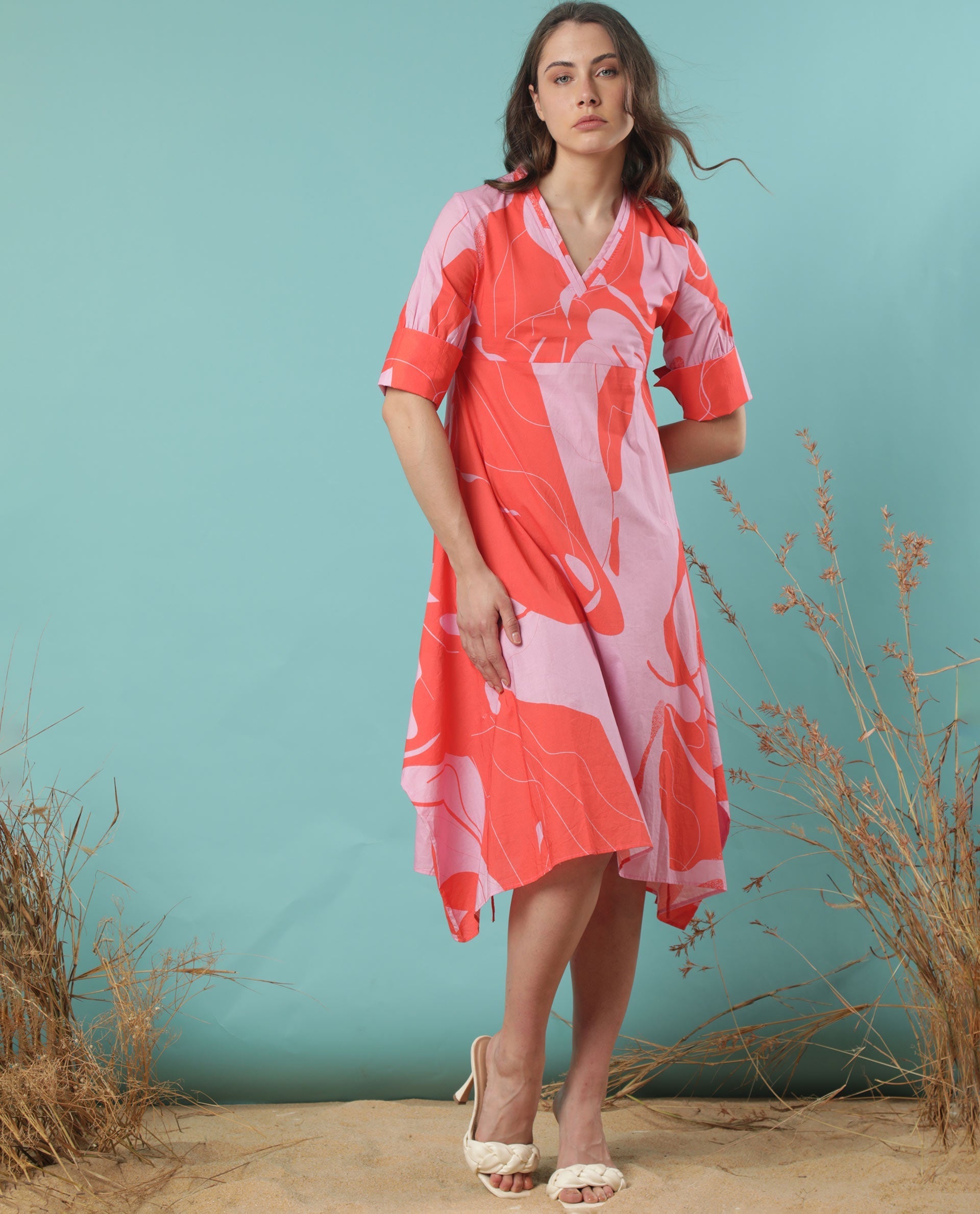 Rareism Women Daphne Orange Cotton Fabric 3/4Th Sleeves V-Neck Regular Fit Abstract Print Knee Length Asymmetric Dress