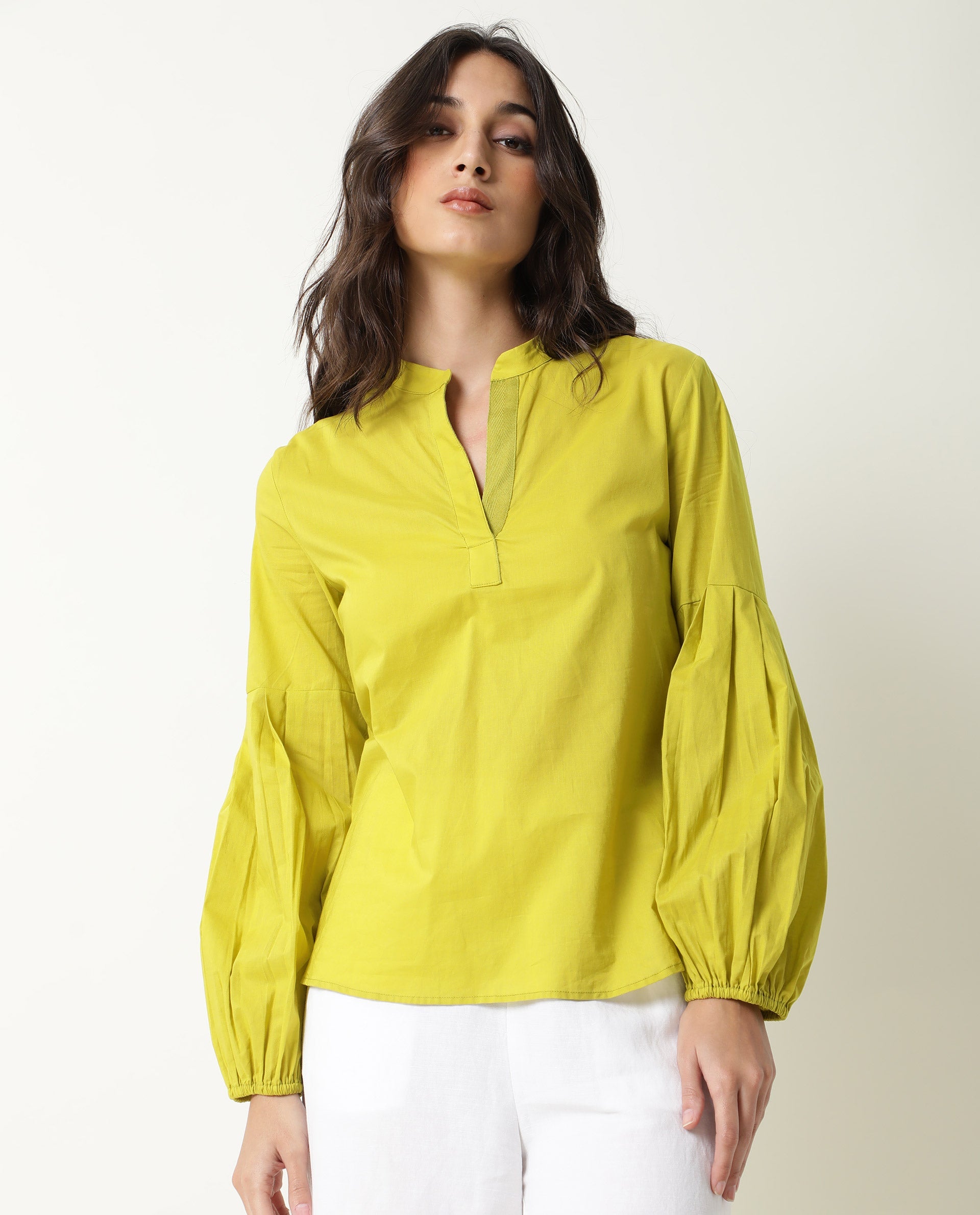 Rareism Womens Loui Green Top Cotton Fabric  Full Sleeve Collared Neck