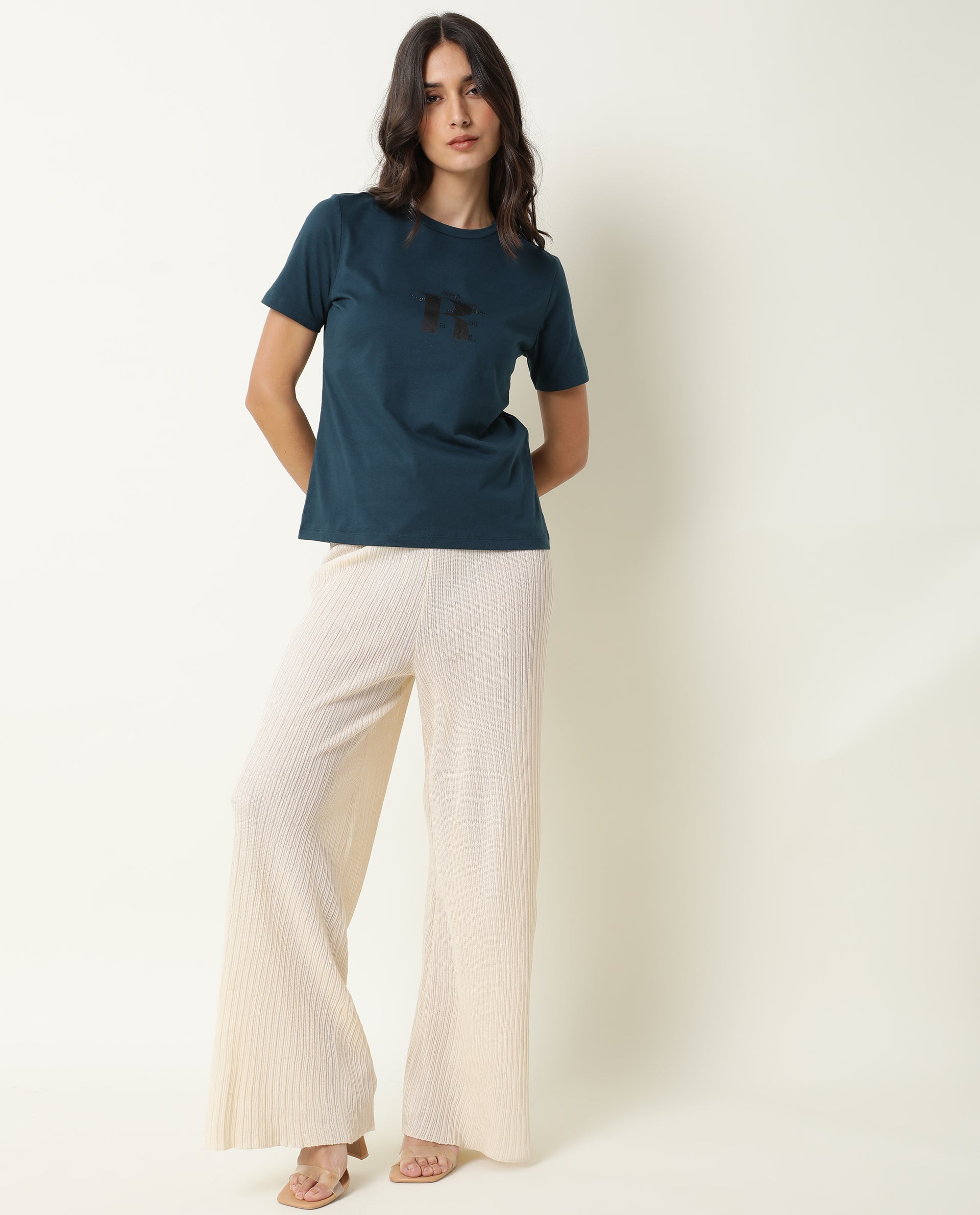 Rareism Women Moes Petrol Cotton Fabric Regular Fit Half Sleeves Graphic Print Crew Neck T-Shirt