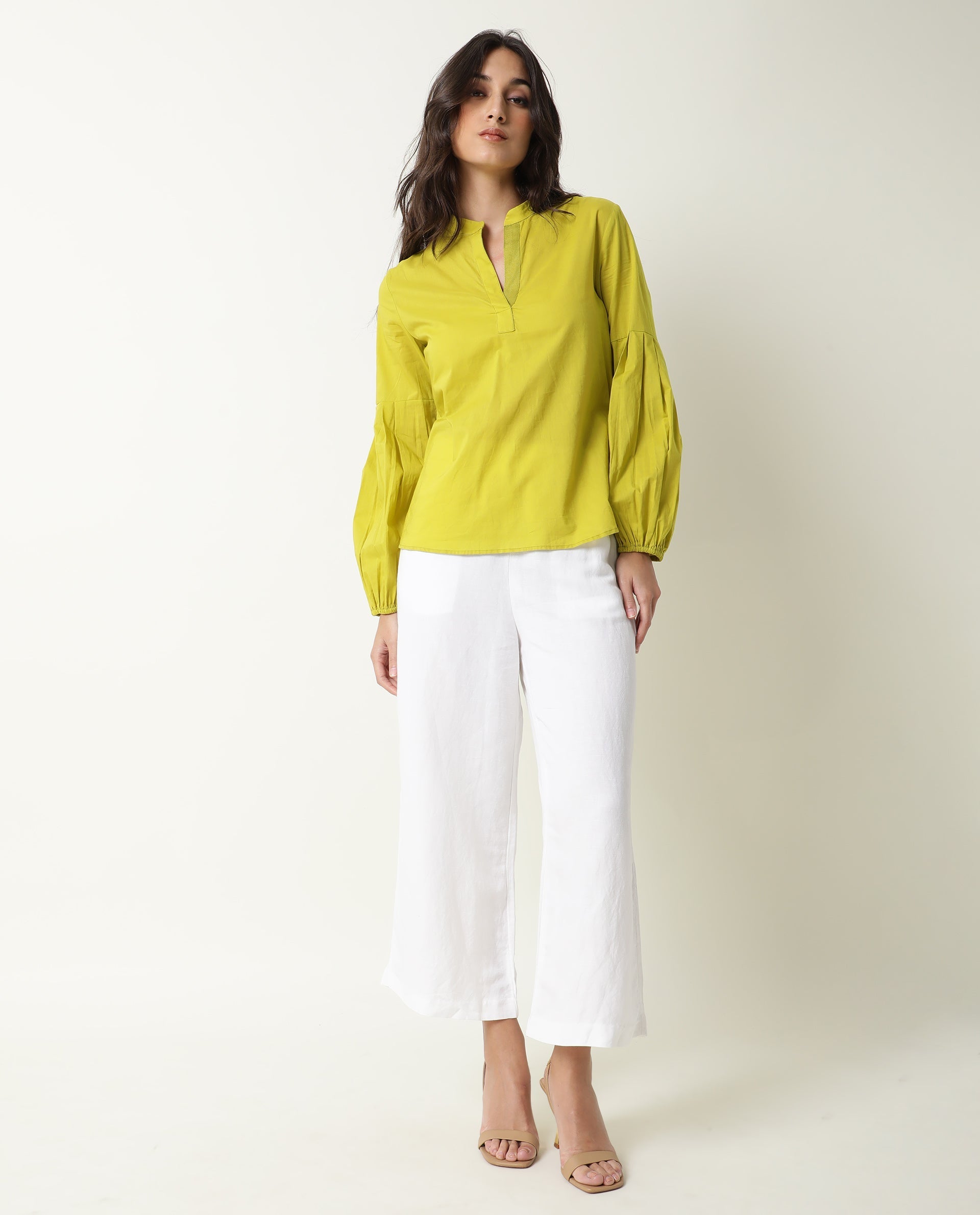 Rareism Womens Loui Green Top Cotton Fabric  Full Sleeve Collared Neck