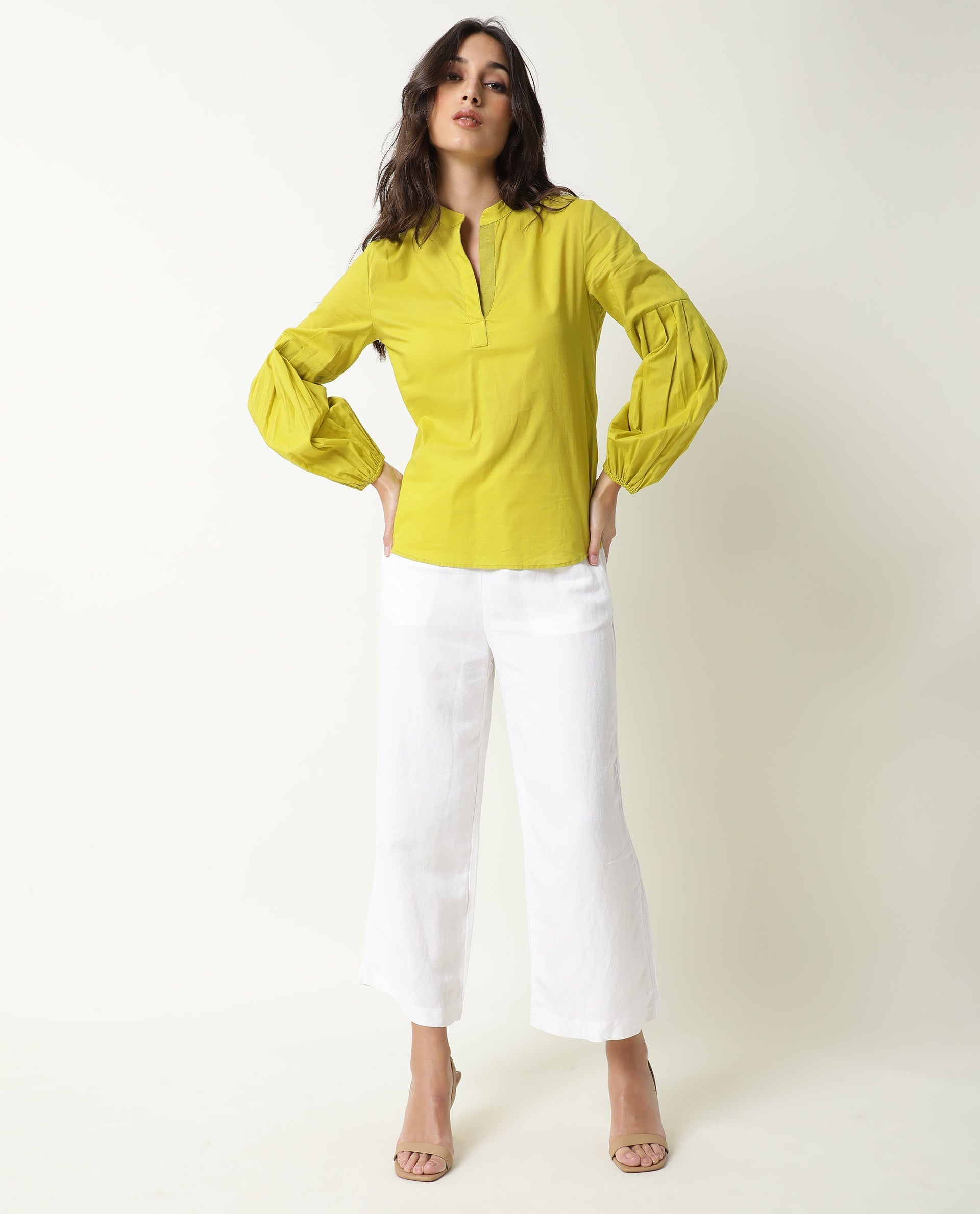Rareism Womens Loui Green Top Cotton Fabric  Full Sleeve Collared Neck