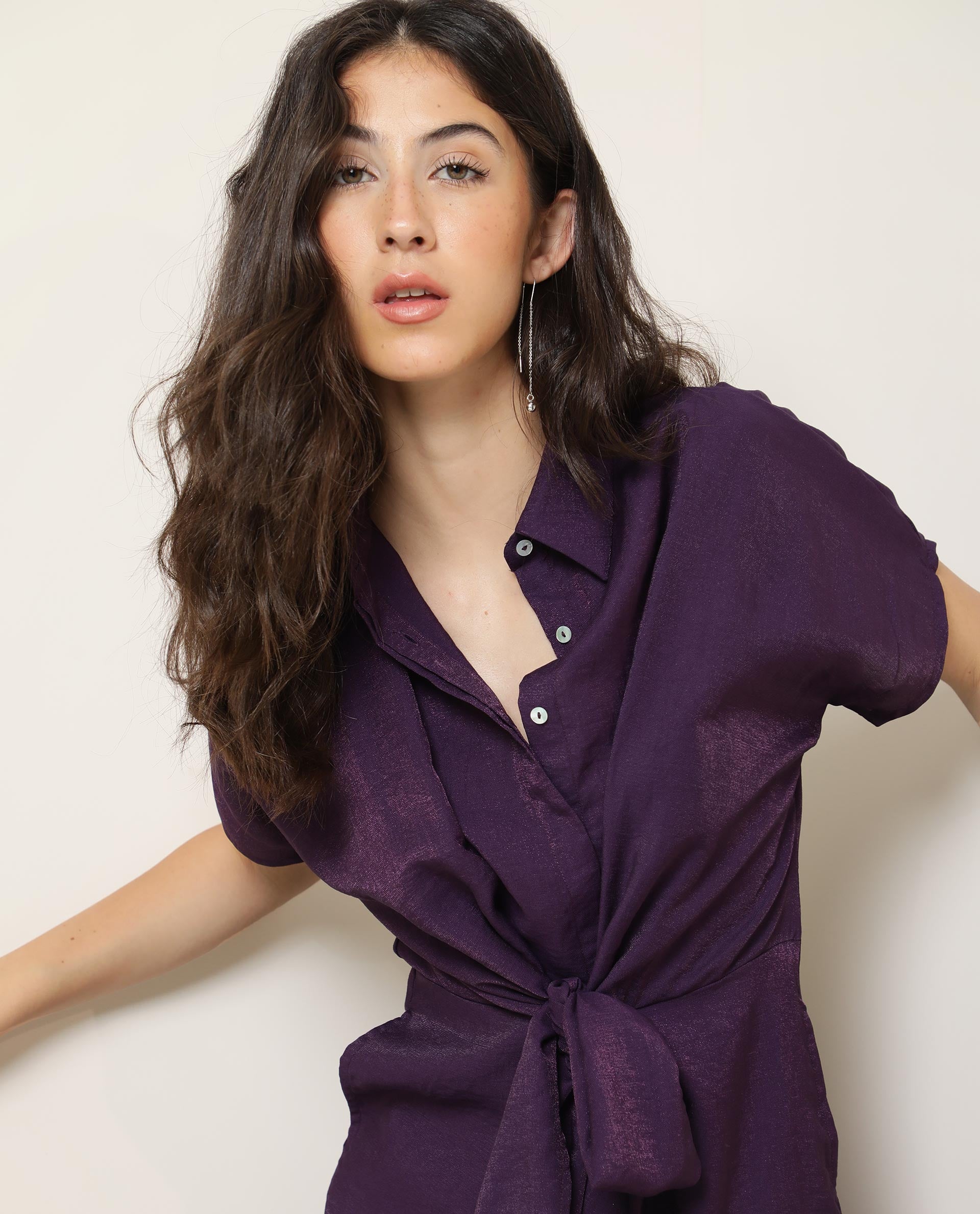 Rareism Women Kori Purple Dress Rayon Nylon Fabric Full Sleeves Solid