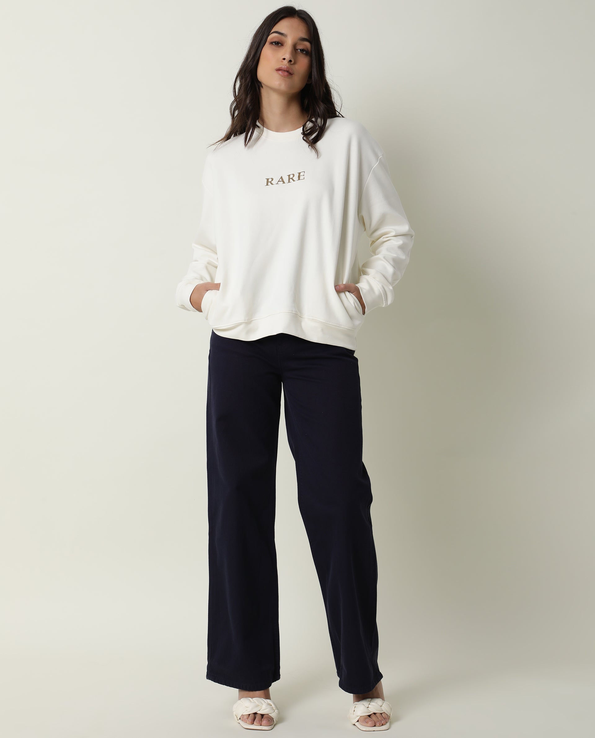 Rareism Womens Goldy Off White Sweatshirt Crew Neck Full Sleeve Cotton Blend Fabric Relaxed Fit