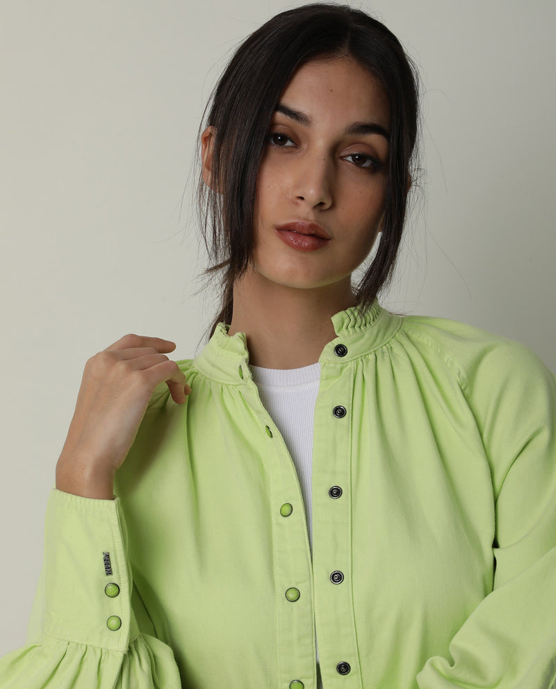 Rareism Women Bellona Green Cotton Fabric Full Sleeves Solid Ruffled Neck Jacket