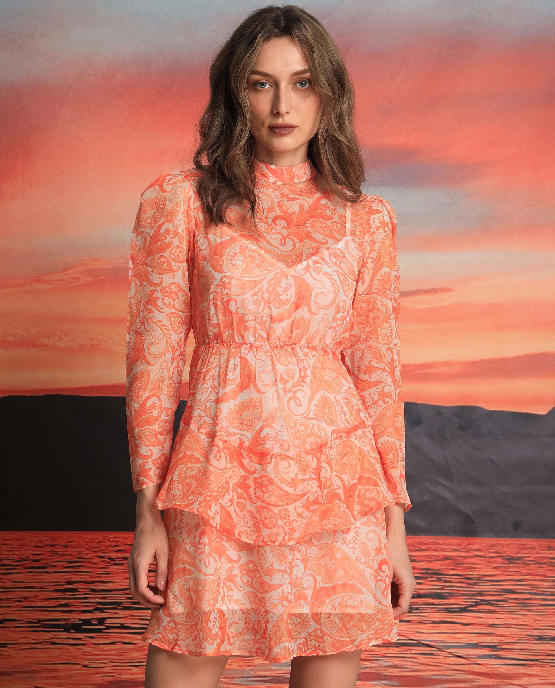 Rareism Women Claris Orange Cotton Fabric Full Sleeves High Neck Regular Fit Paisley Print Knee Length Dress