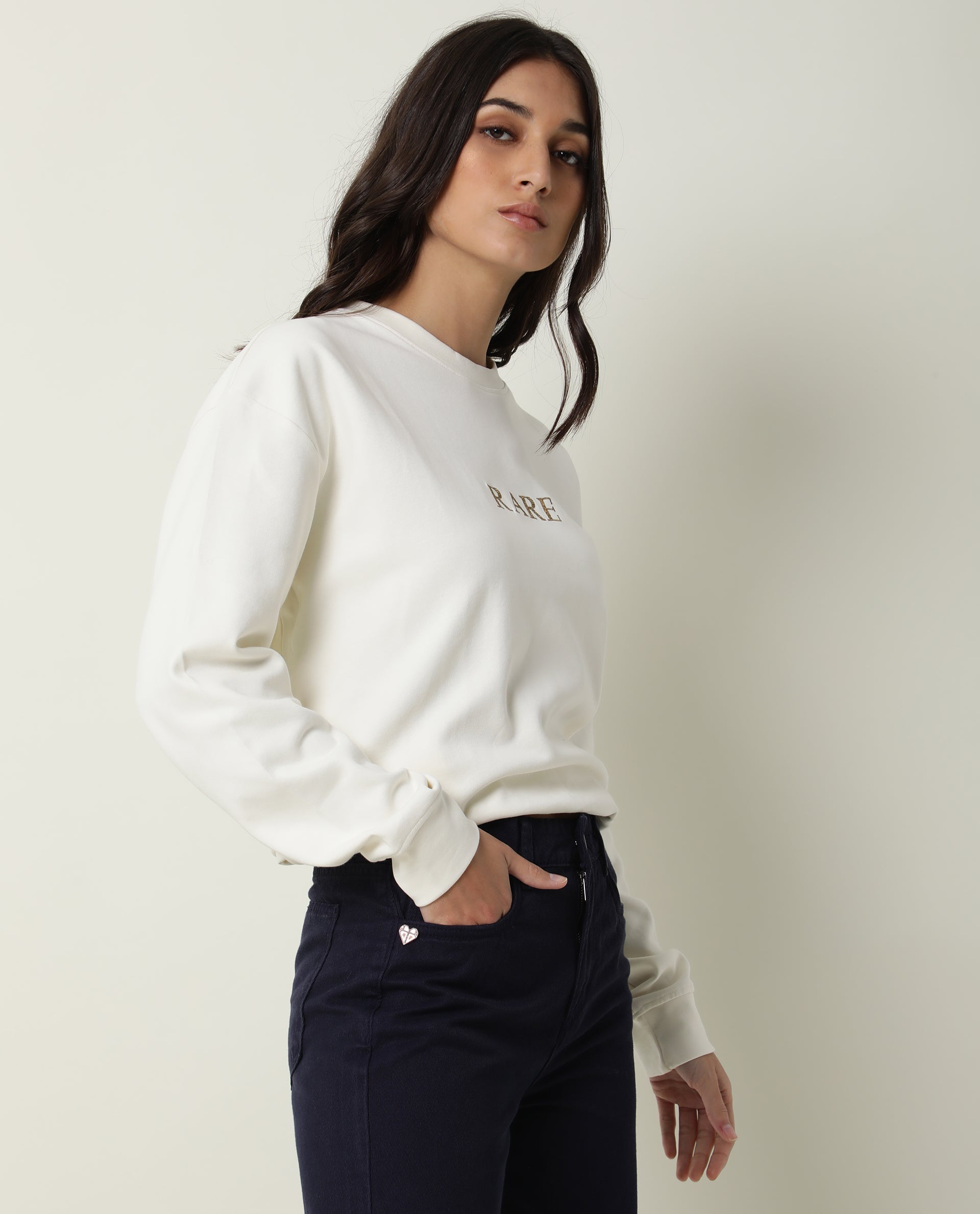 Rareism Womens Goldy Off White Sweatshirt Crew Neck Full Sleeve Cotton Blend Fabric Relaxed Fit