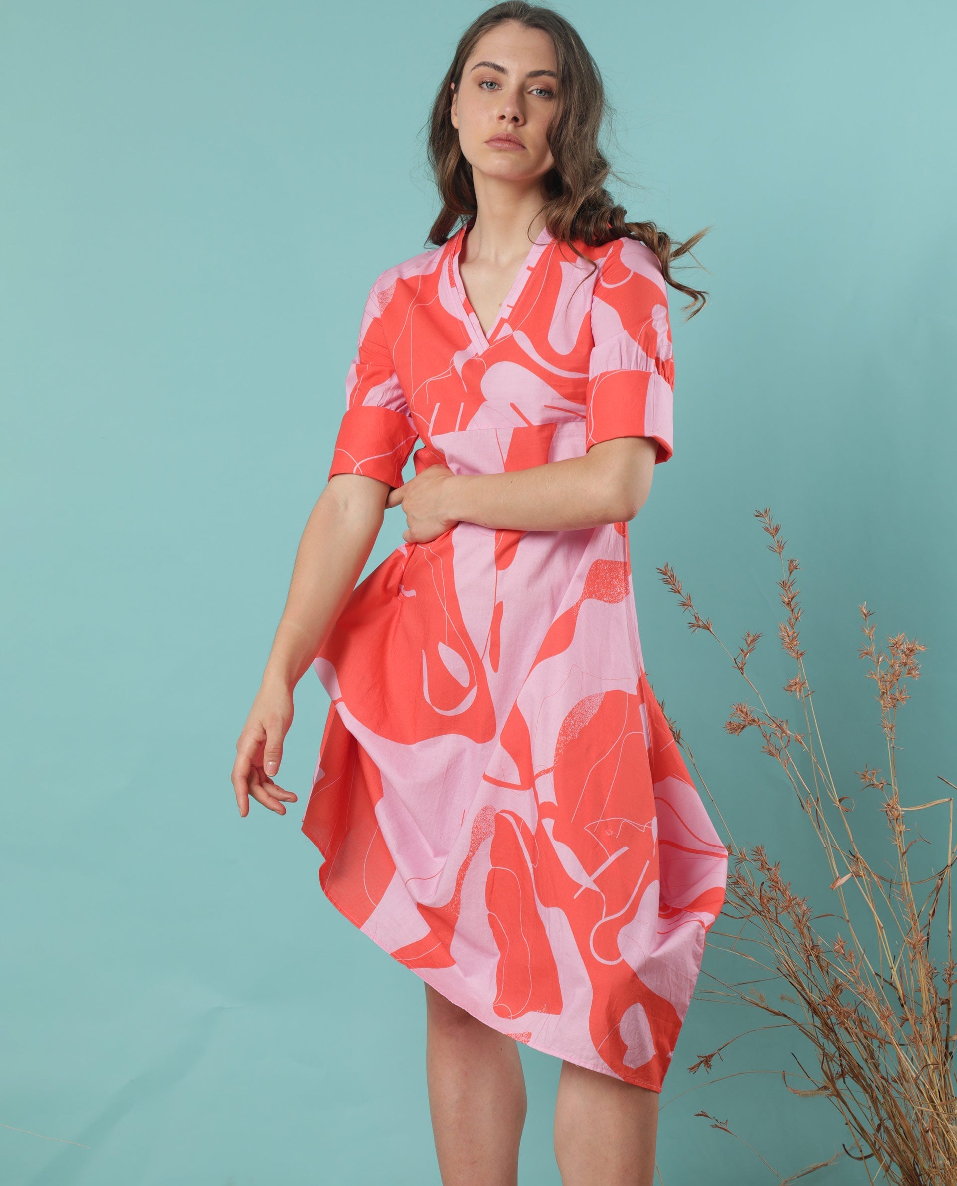Rareism Women's Daphne Multi Cotton V-Neck Abstract Print Knee Length Regular Fit Dress