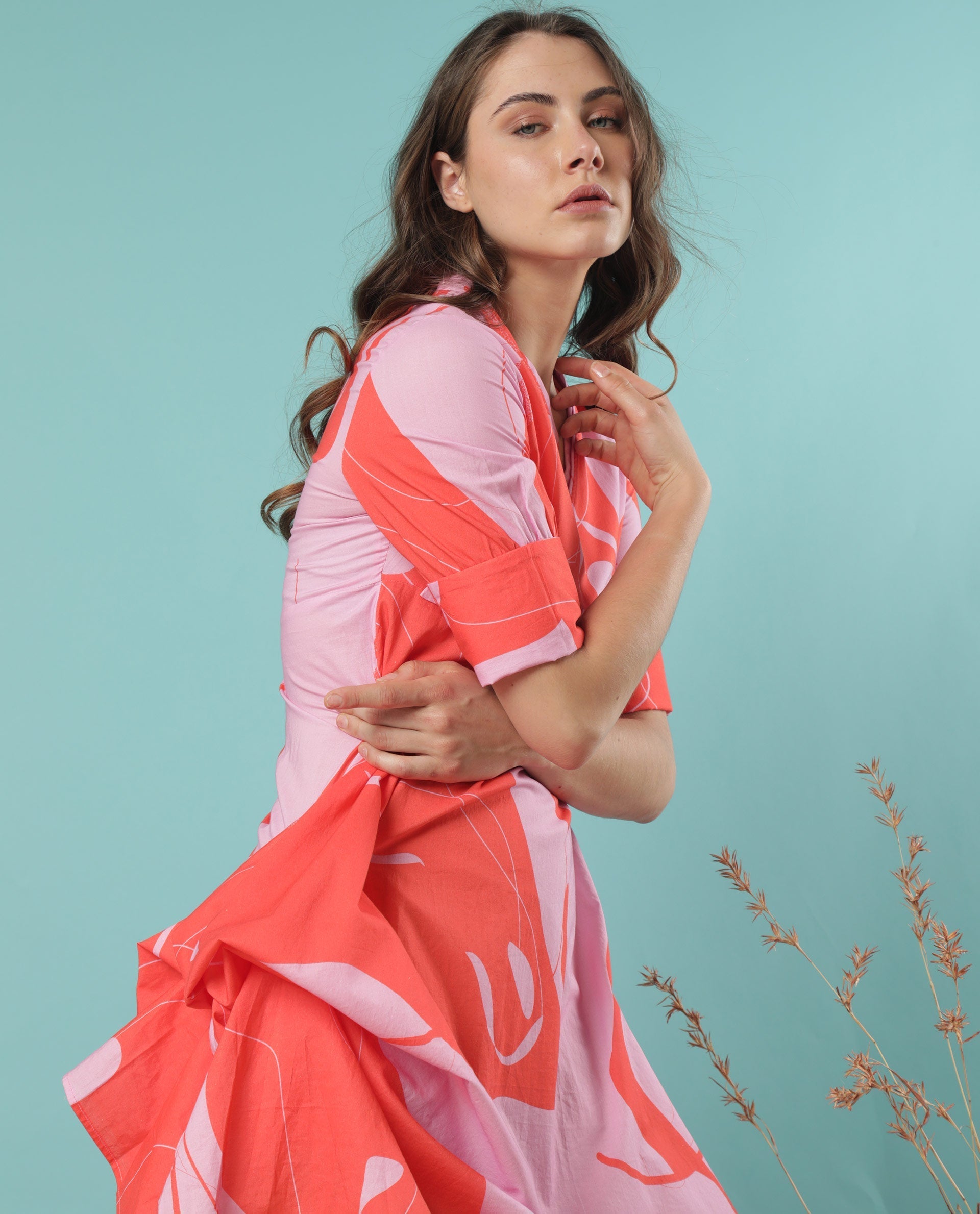 Rareism Women Daphne Orange Cotton Fabric 3/4Th Sleeves V-Neck Regular Fit Abstract Print Knee Length Asymmetric Dress