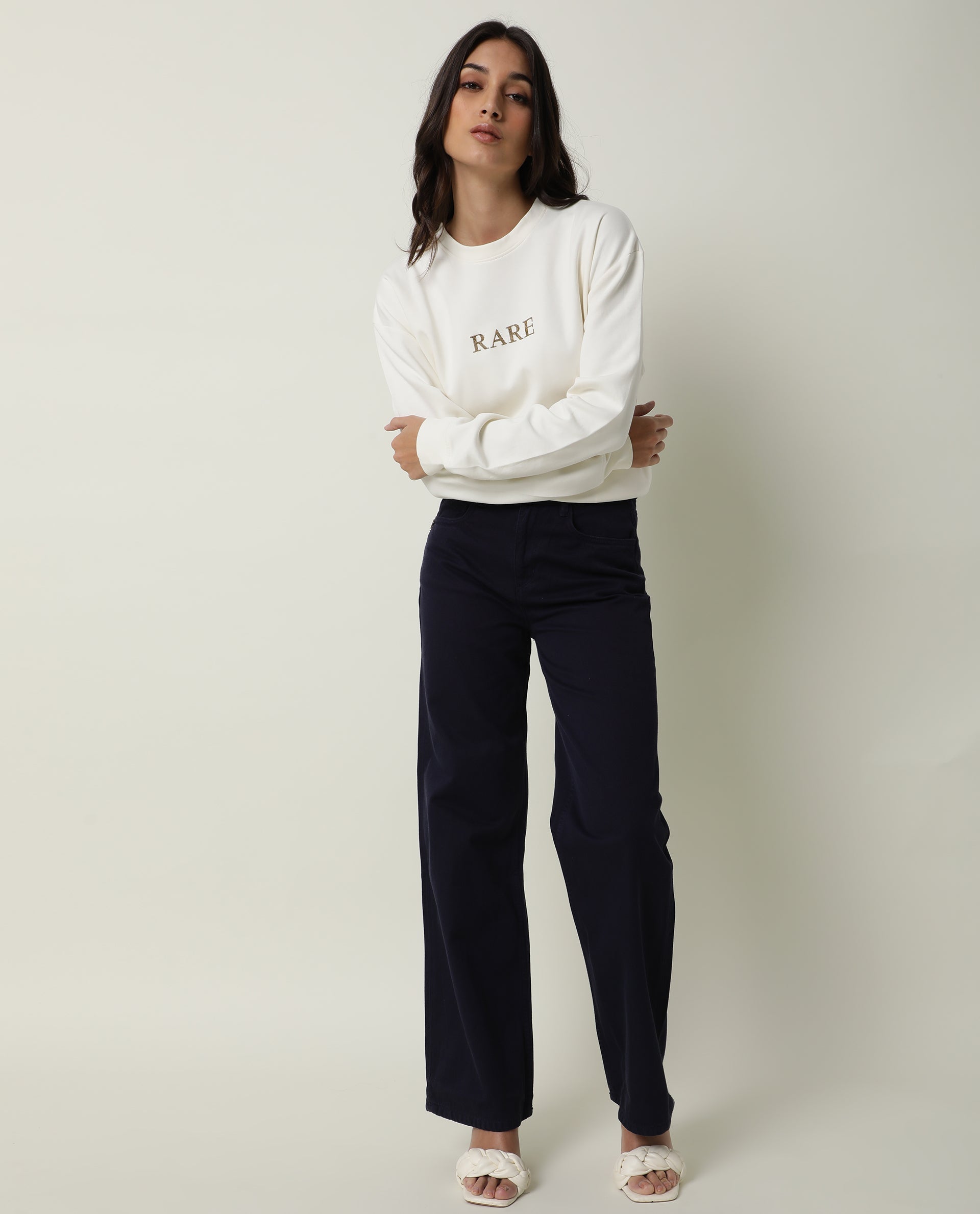 Rareism Womens Goldy Off White Sweatshirt Crew Neck Full Sleeve Cotton Blend Fabric Relaxed Fit