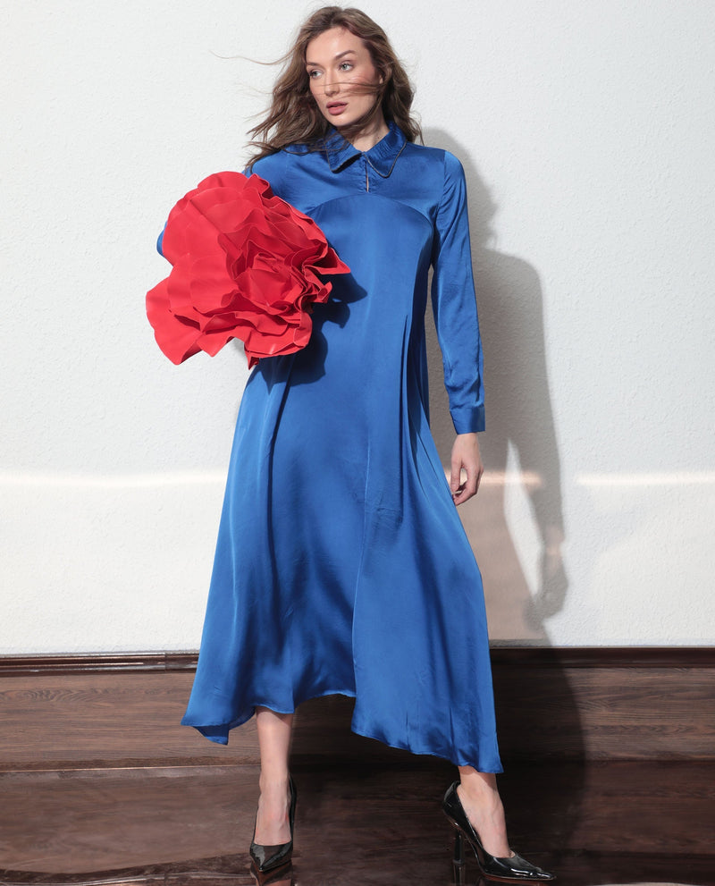 Rareism Women Galaxy Blue Shirt Collar Neck Full Sleeves With Back Zip Closure Satin Maxi Dress