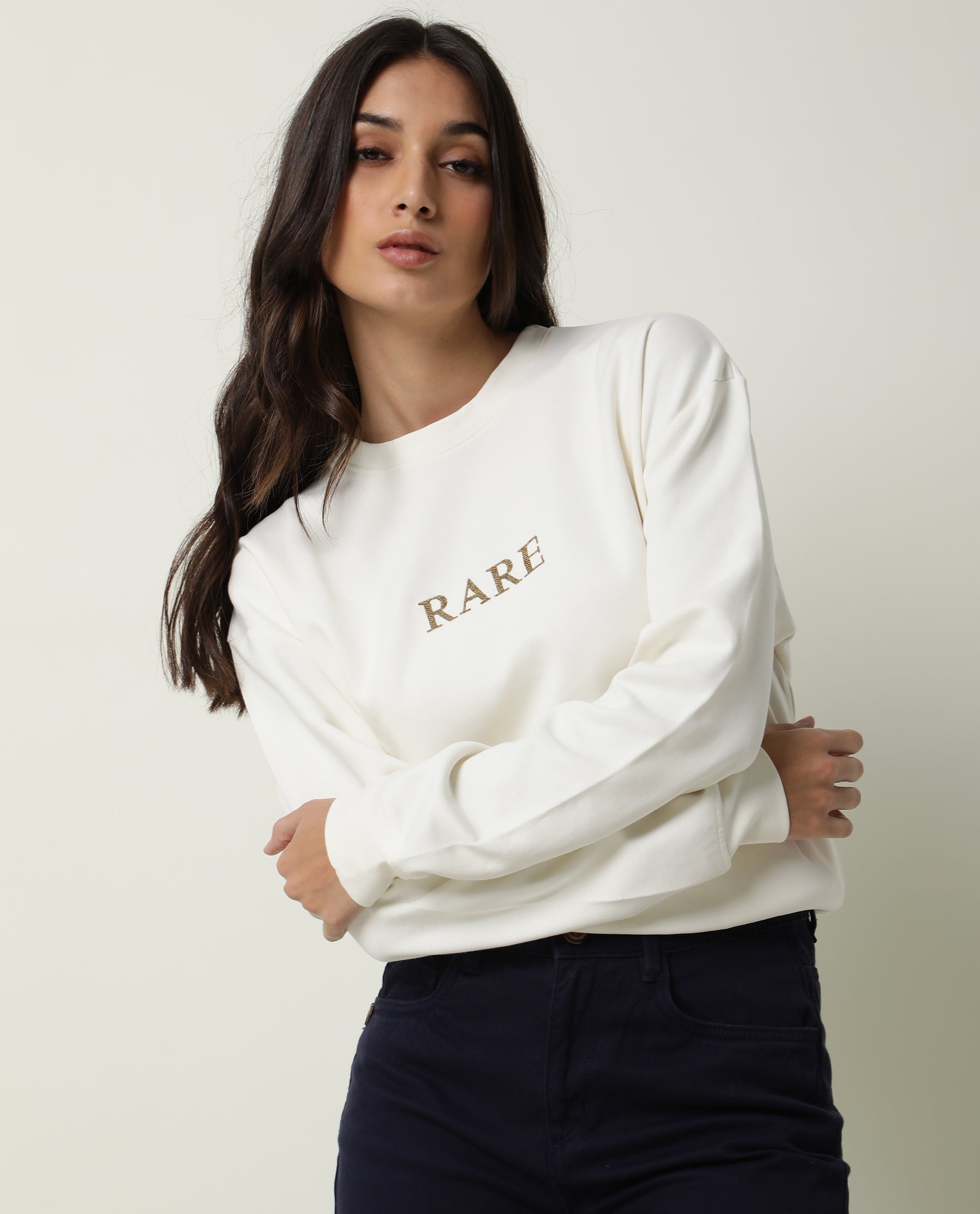 Rareism Womens Goldy Off White Sweatshirt Crew Neck Full Sleeve Cotton Blend Fabric Relaxed Fit