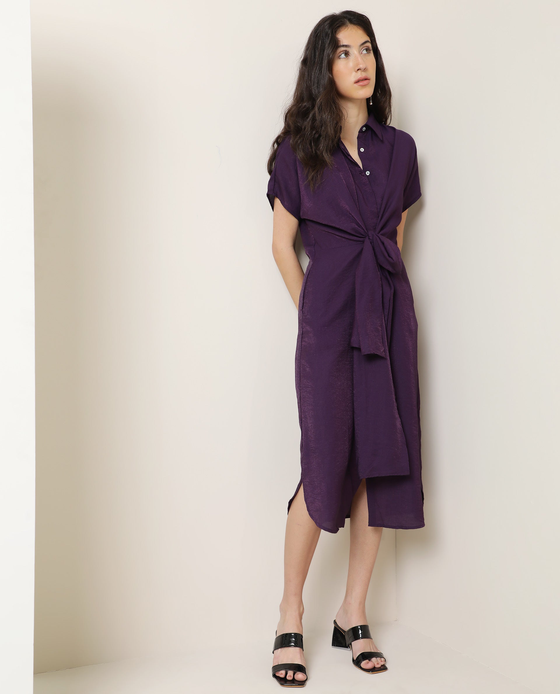 Rareism Women Kori Purple Dress Rayon Nylon Fabric Full Sleeves Solid