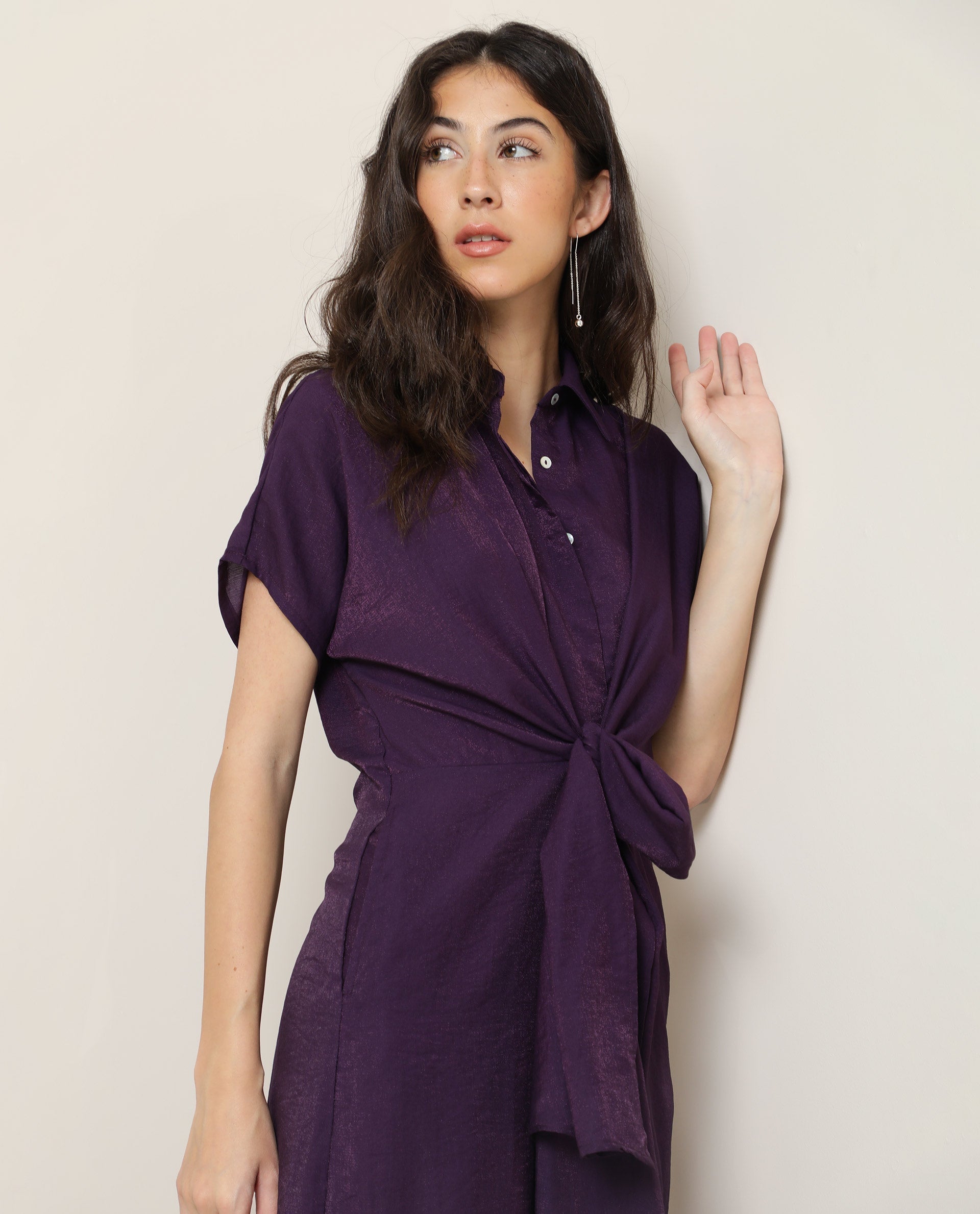Rareism Women Kori Purple Dress Rayon Nylon Fabric Full Sleeves Solid