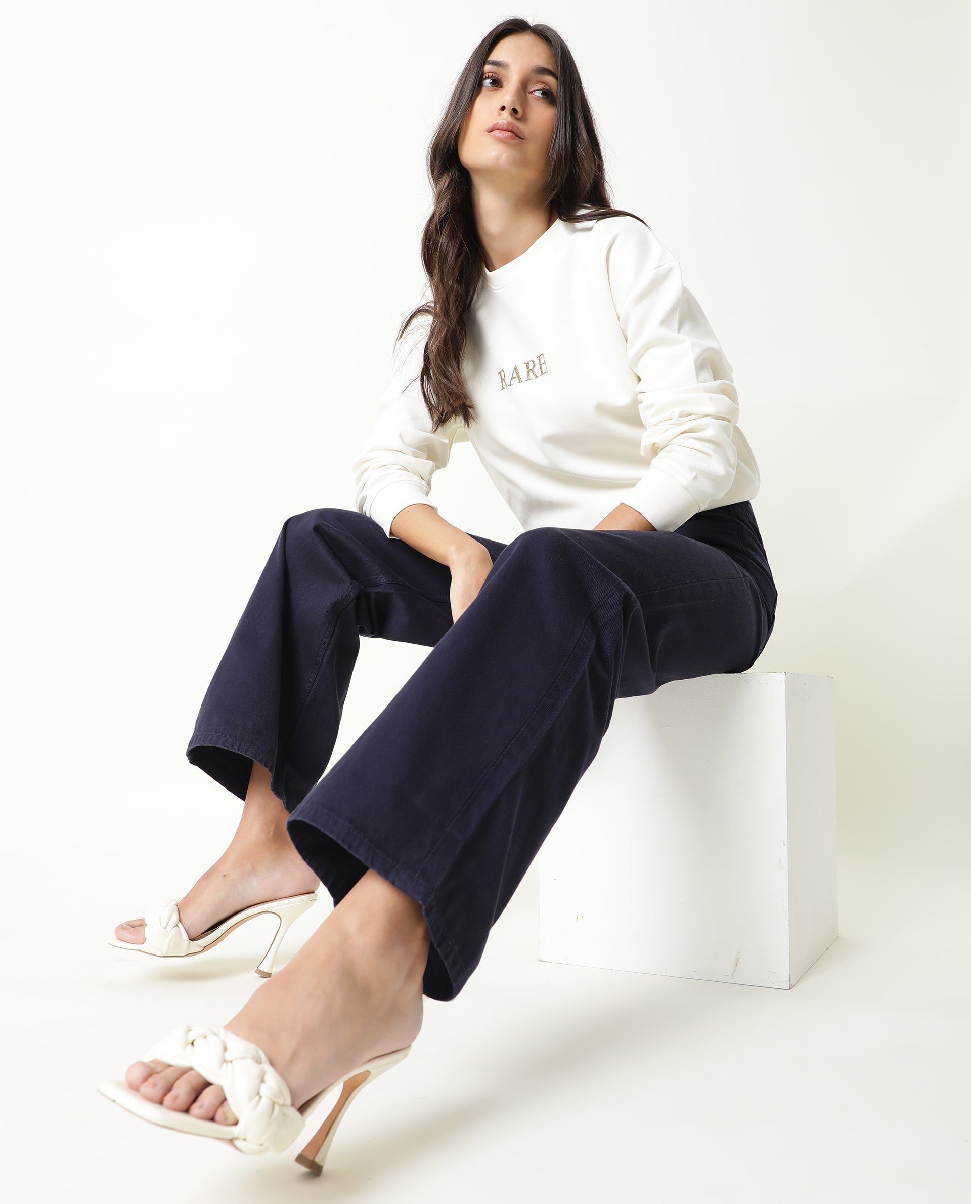 Rareism Womens Ginno Navy Trouser Cotton Fabric Regular Fit Button Closure High Rise Waist Rise Ankle Length