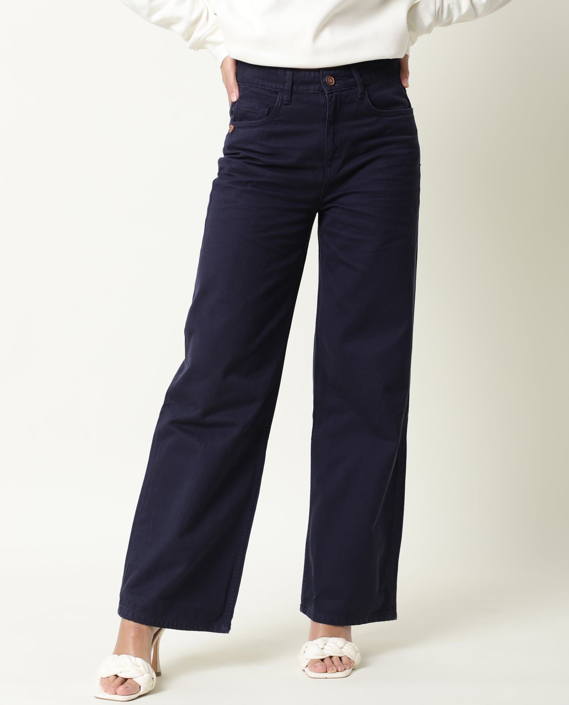 Rareism Womens Ginno Navy Trouser Cotton Fabric Regular Fit Button Closure High Rise Waist Rise Ankle Length