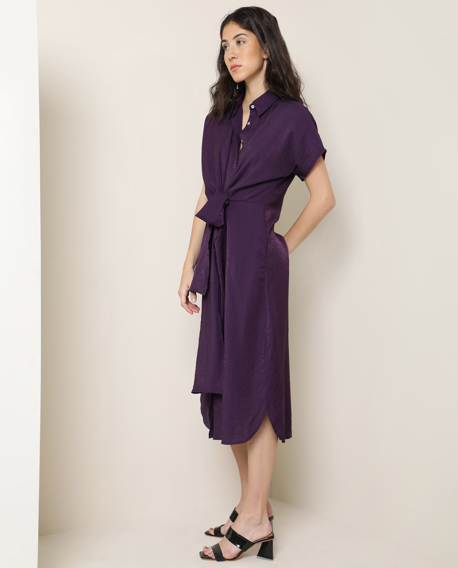 Rareism Women Kori Purple Dress Rayon Nylon Fabric Full Sleeves Solid
