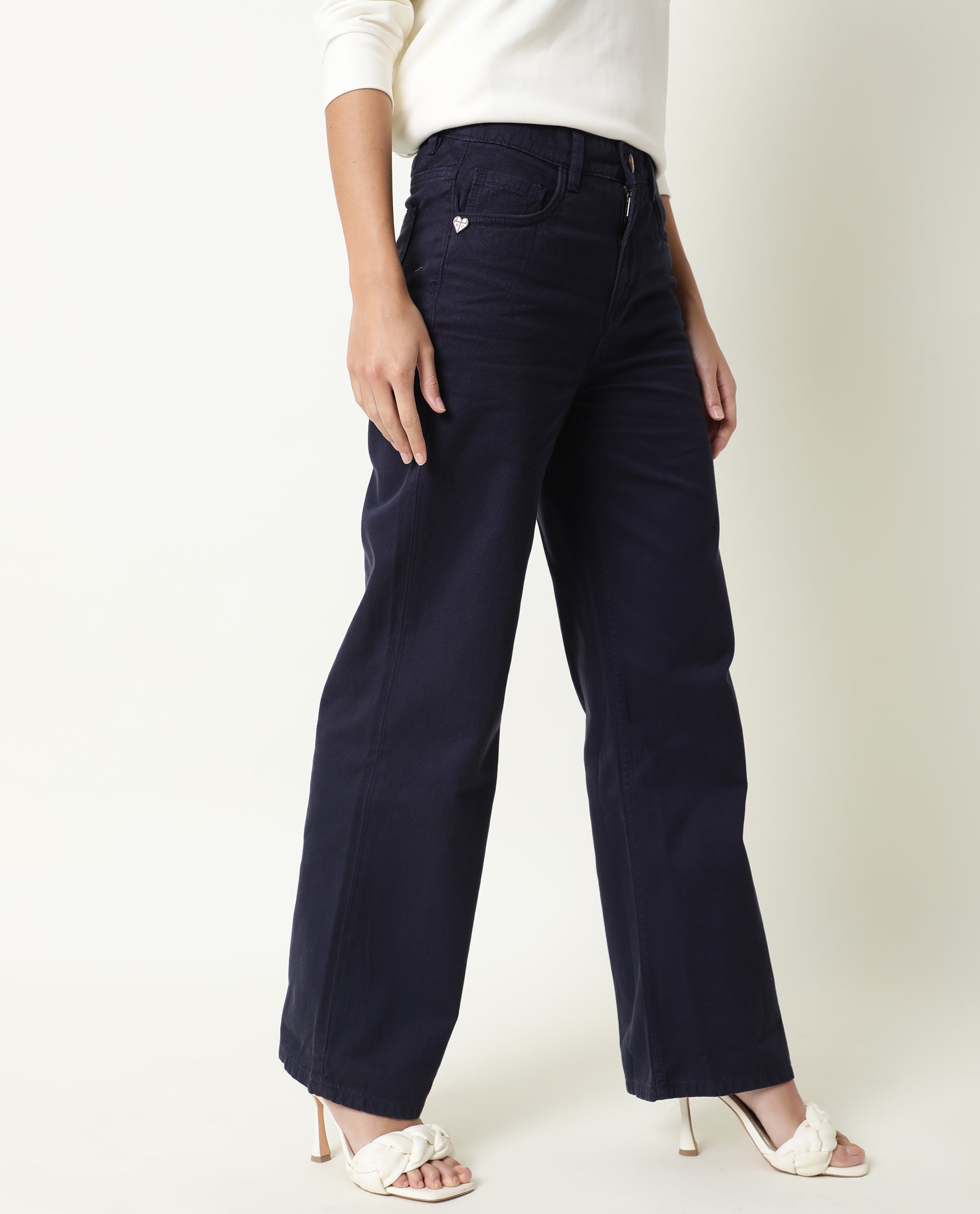 Rareism Womens Ginno Navy Trouser Cotton Fabric Regular Fit Button Closure High Rise Waist Rise Ankle Length