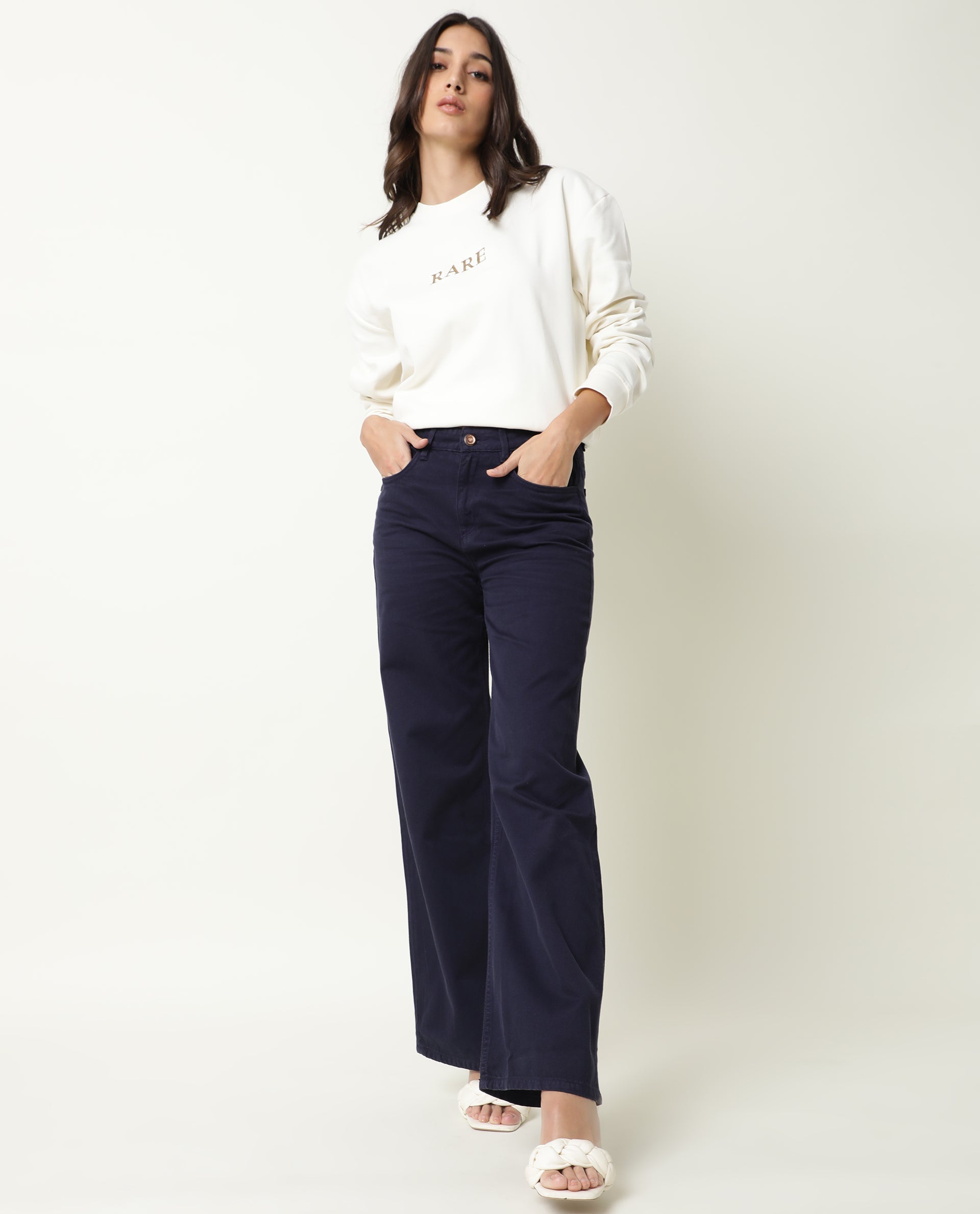 Rareism Womens Ginno Navy Trouser Cotton Fabric Regular Fit Button Closure High Rise Waist Rise Ankle Length