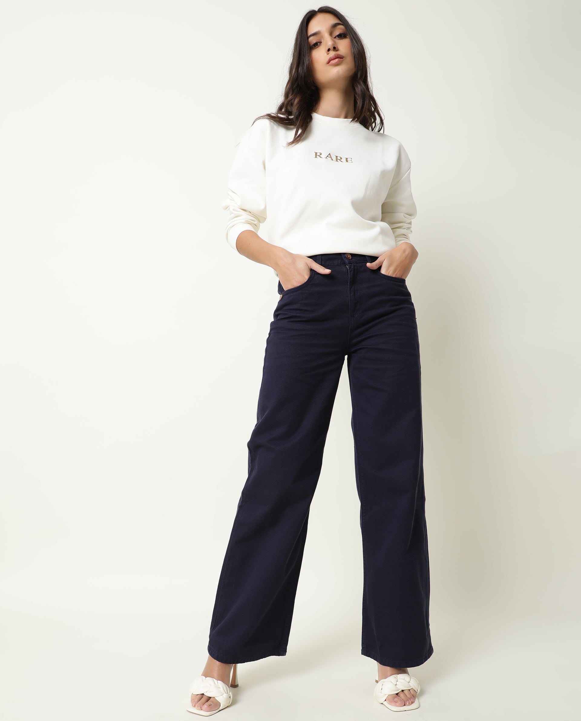 Rareism Womens Ginno Navy Trouser Cotton Fabric Regular Fit Button Closure High Rise Waist Rise Ankle Length