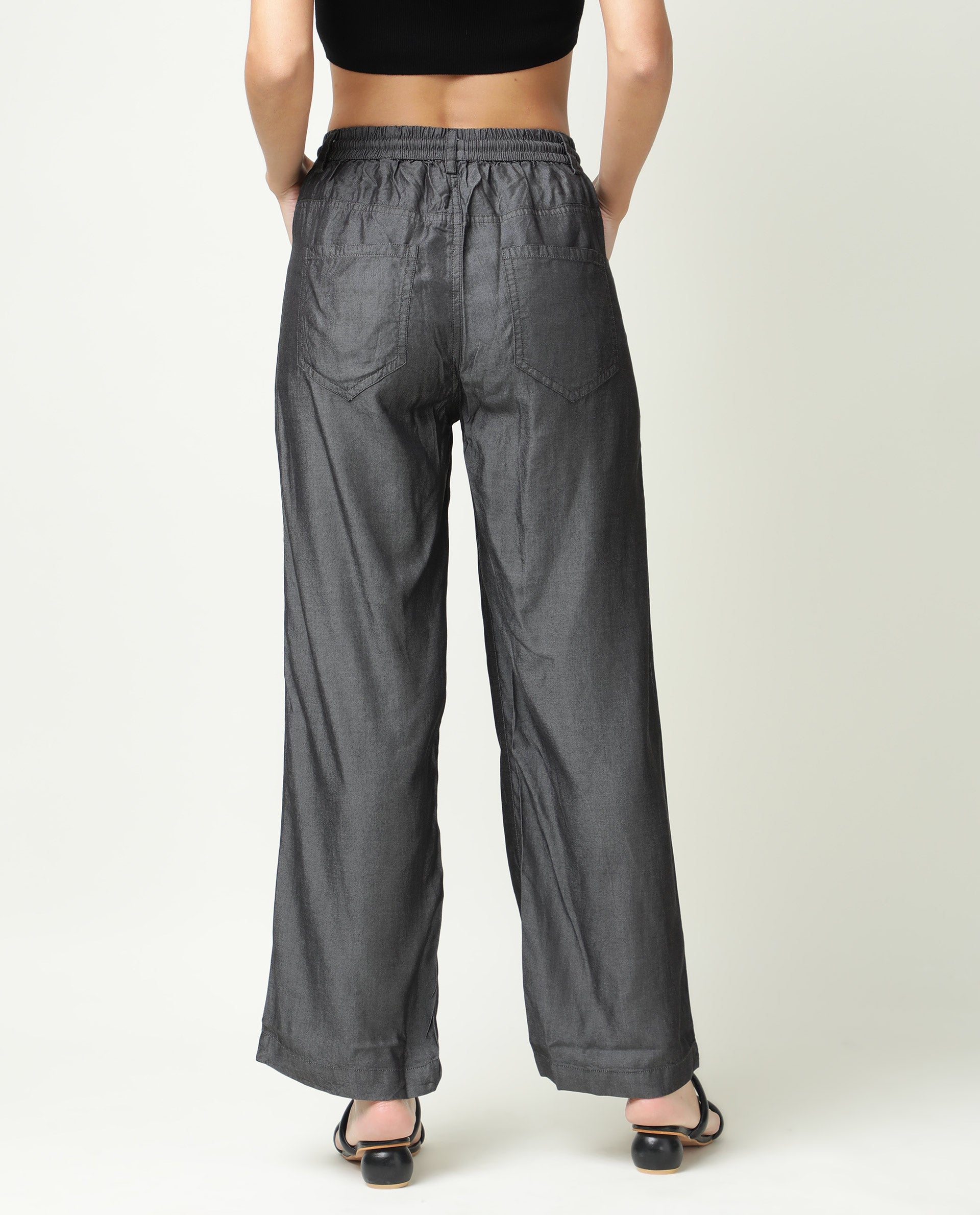 Rareism Women Lipo Black Tencel Fabric Solid Relaxed Fit Ankle Length High Rise Palazzo