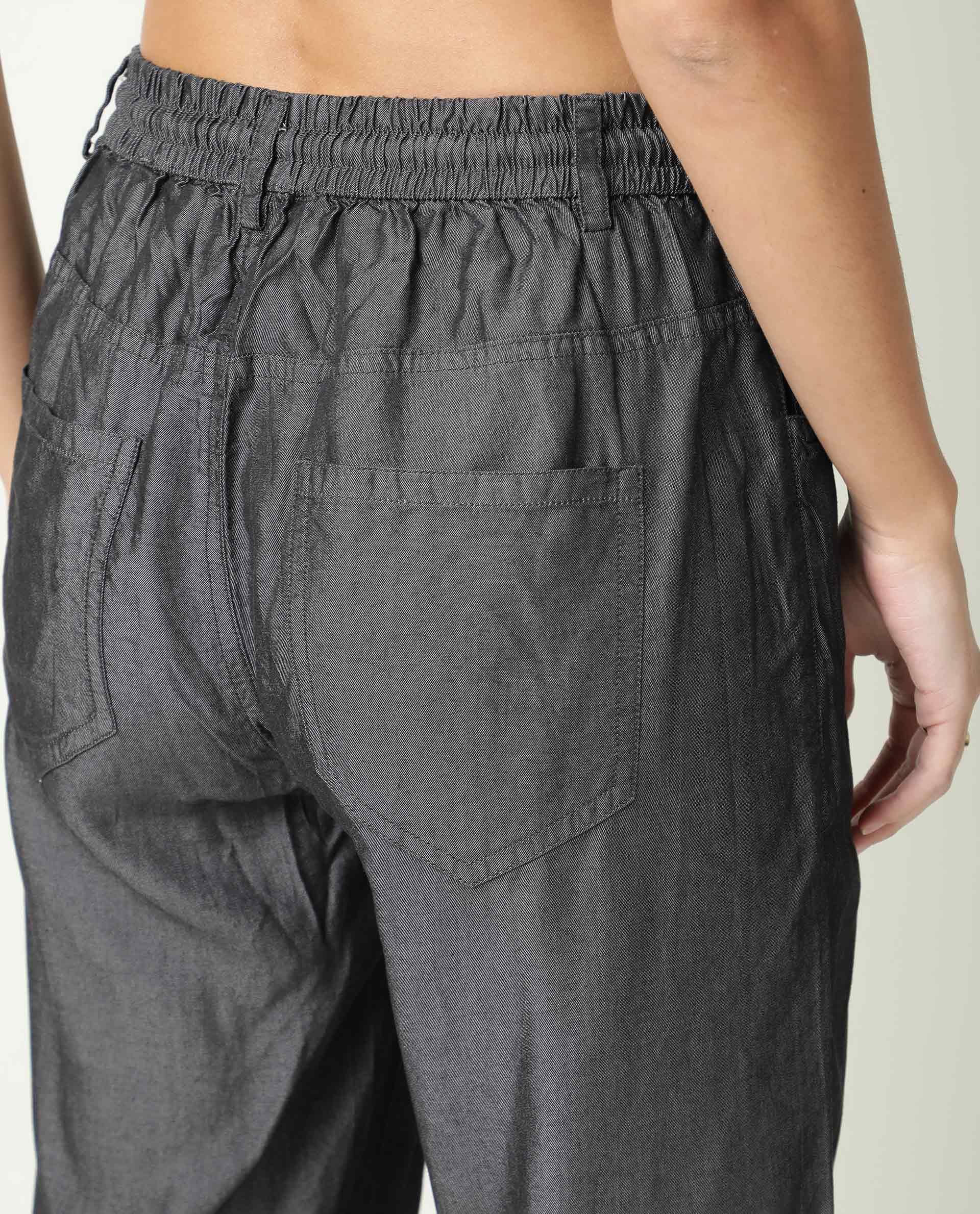 Rareism Women Lipo Black Tencel Fabric Solid Relaxed Fit Ankle Length High Rise Palazzo