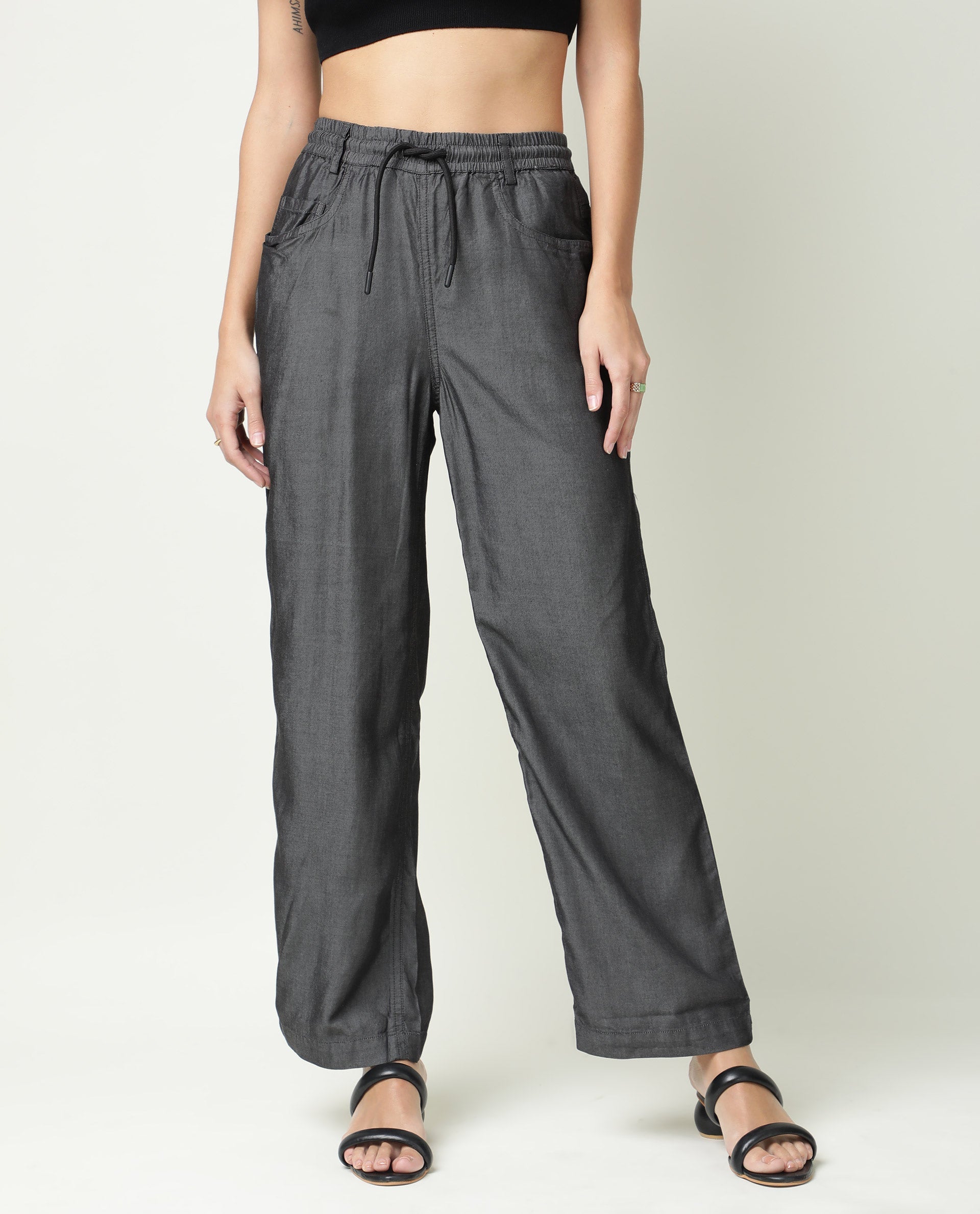 Rareism Women Lipo Black Tencel Fabric Solid Relaxed Fit Ankle Length High Rise Palazzo