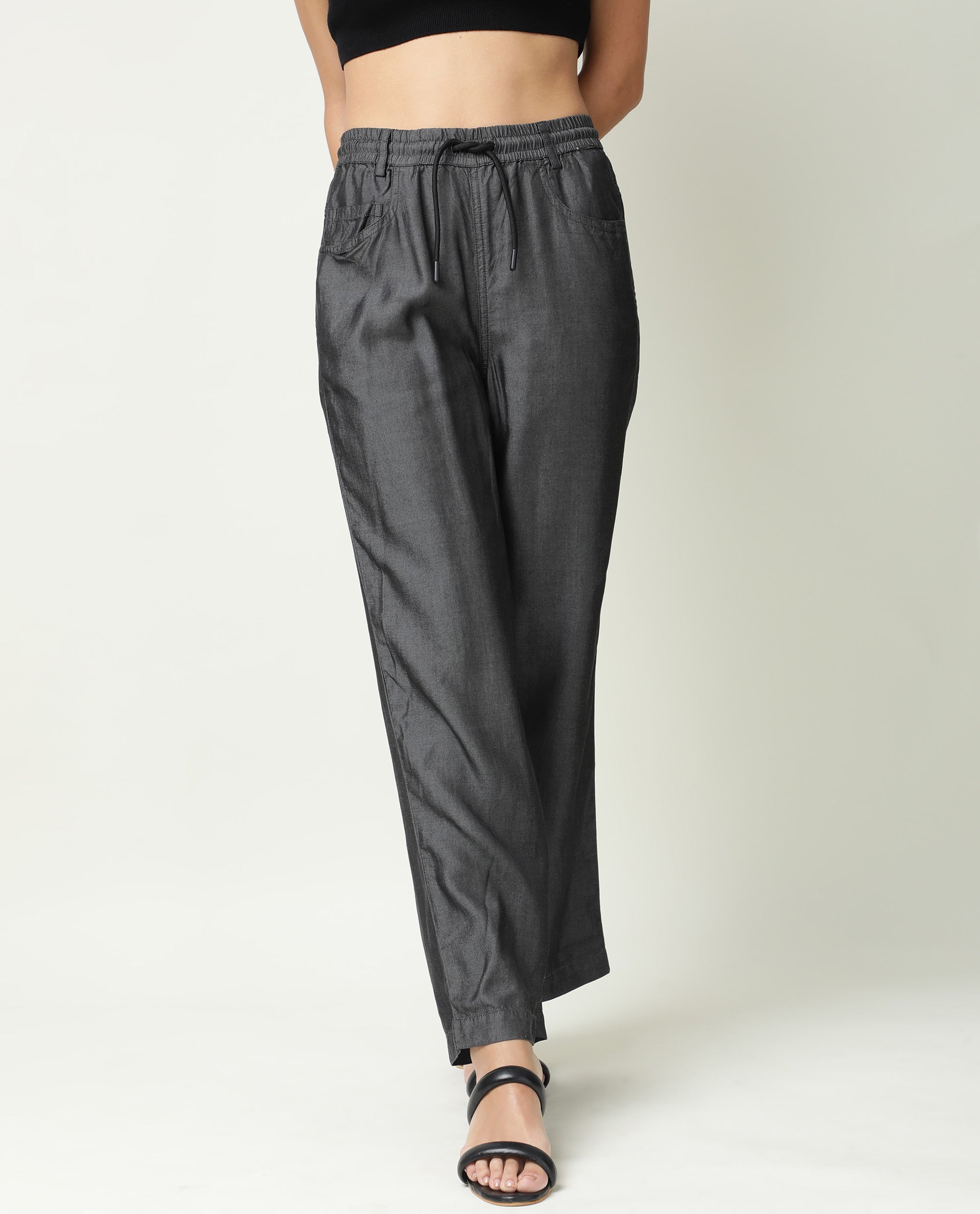 Rareism Women Lipo Black Tencel Fabric Solid Relaxed Fit Ankle Length High Rise Palazzo