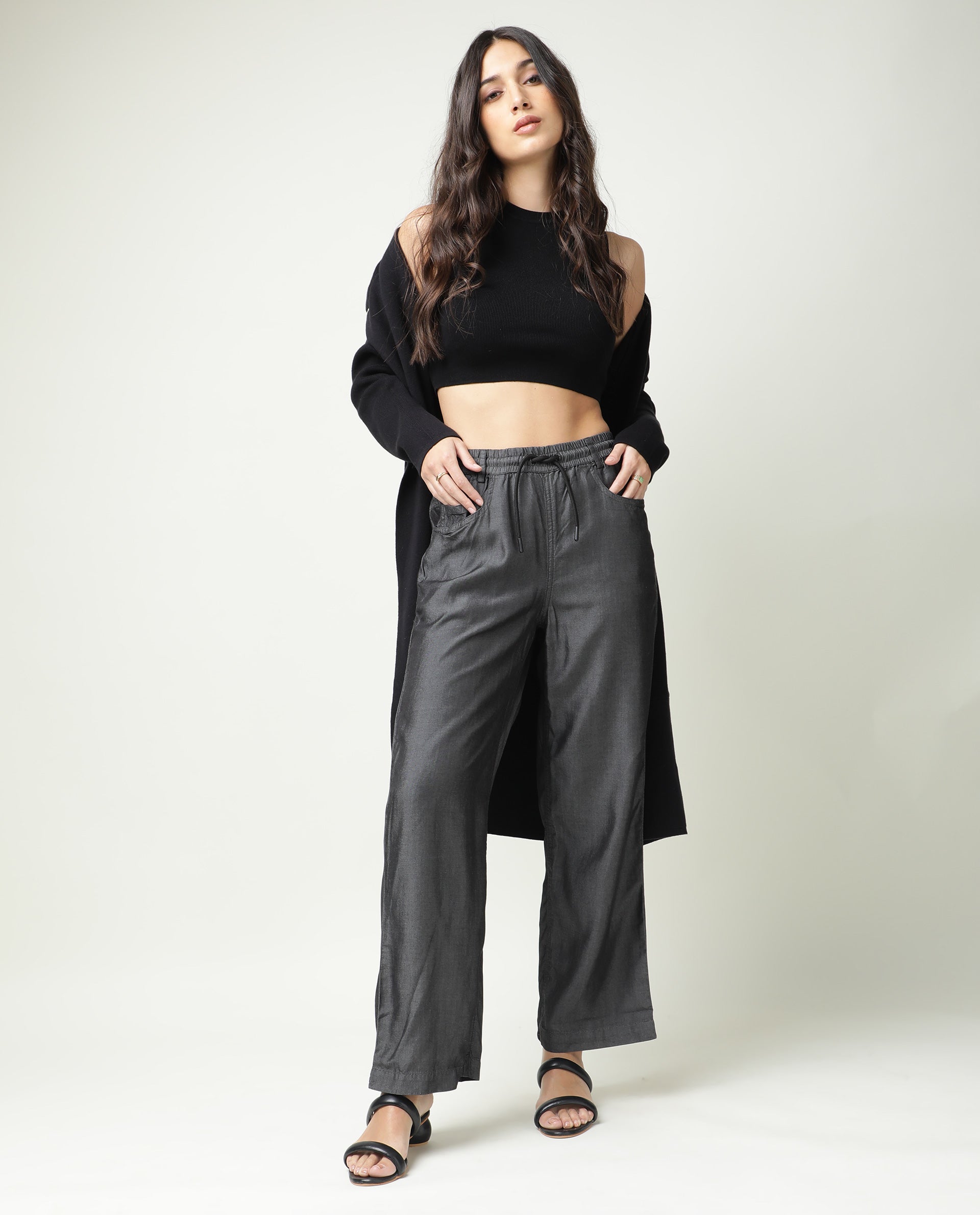 Rareism Women Lipo Black Tencel Fabric Solid Relaxed Fit Ankle Length High Rise Palazzo