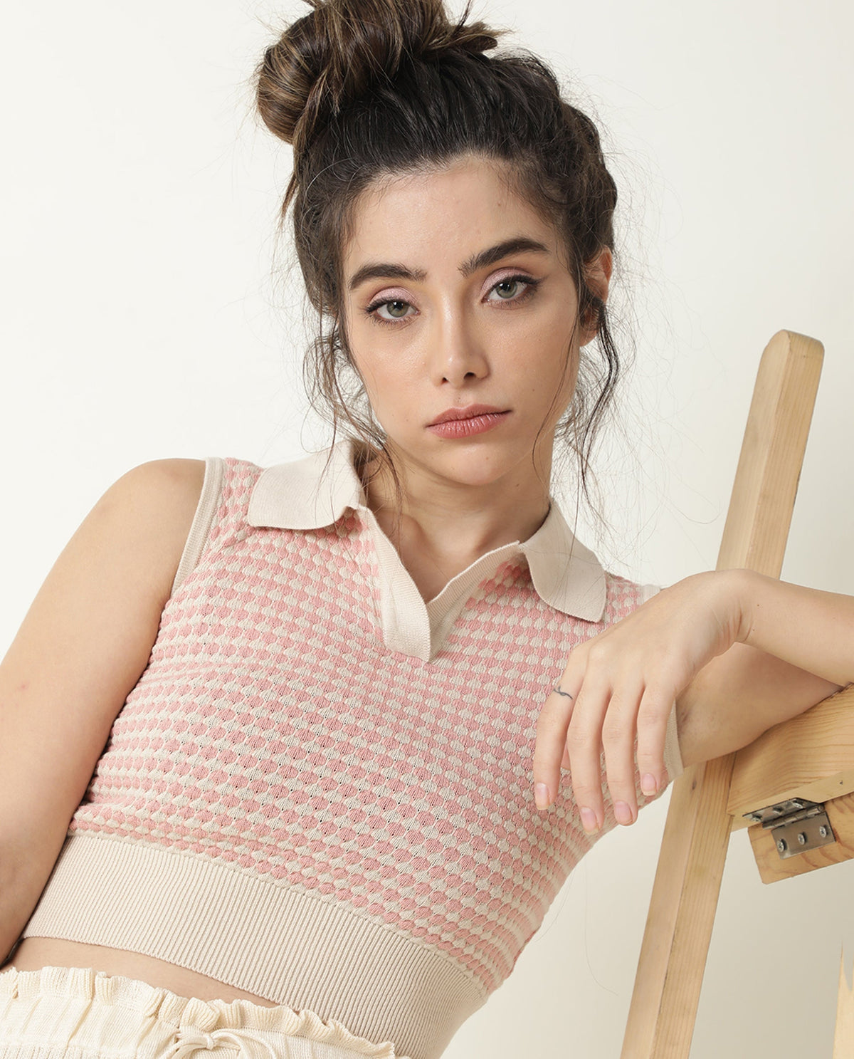 Rareism Women Rylee Beige Cotton Fabric Sleeveless Cropped Regular Fit Textured Shirt Collar Sweater
