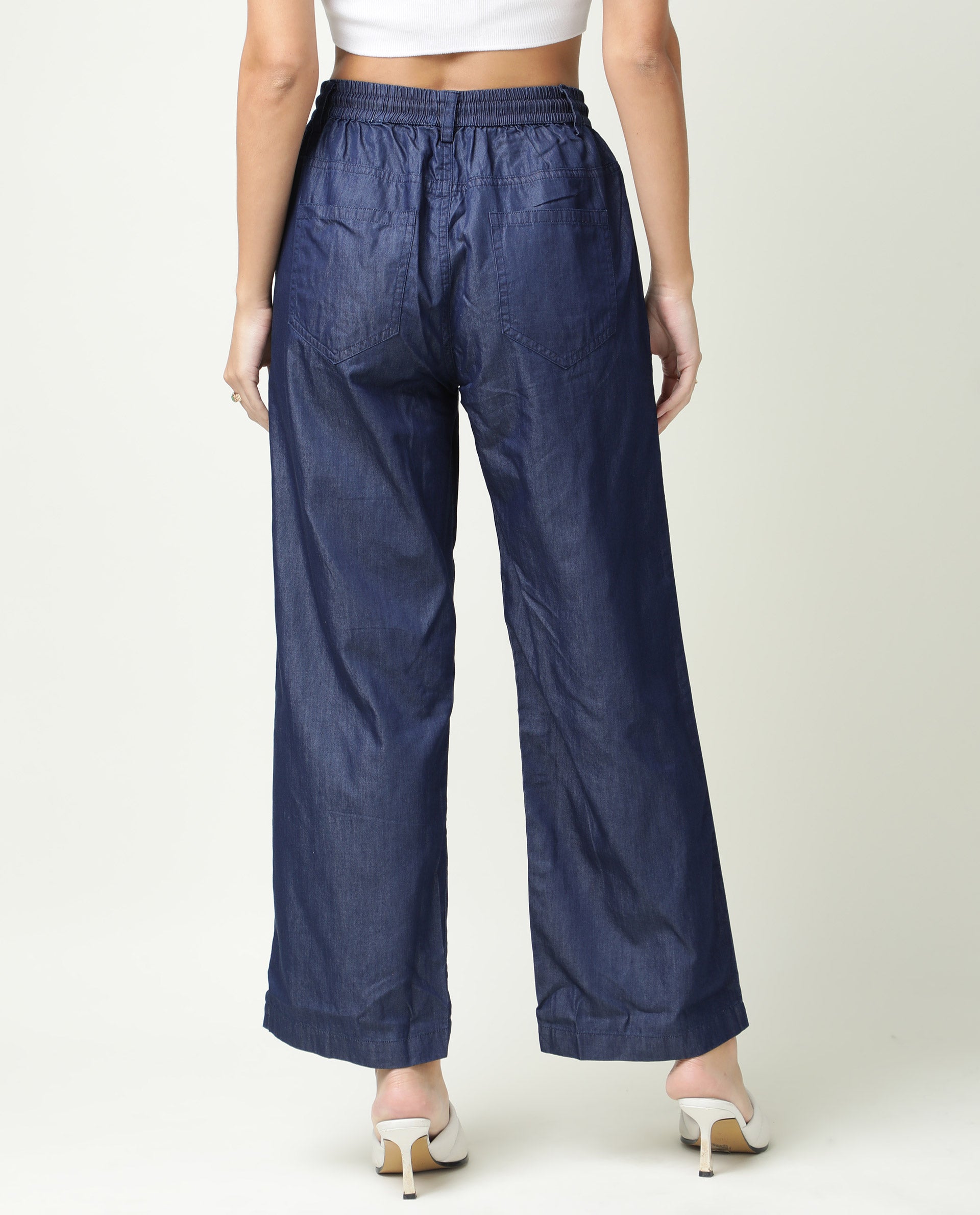 Rareism Women Lipo Navy Tencel Fabric Relaxed Fit High Rise Solid Ankle Length Trousers