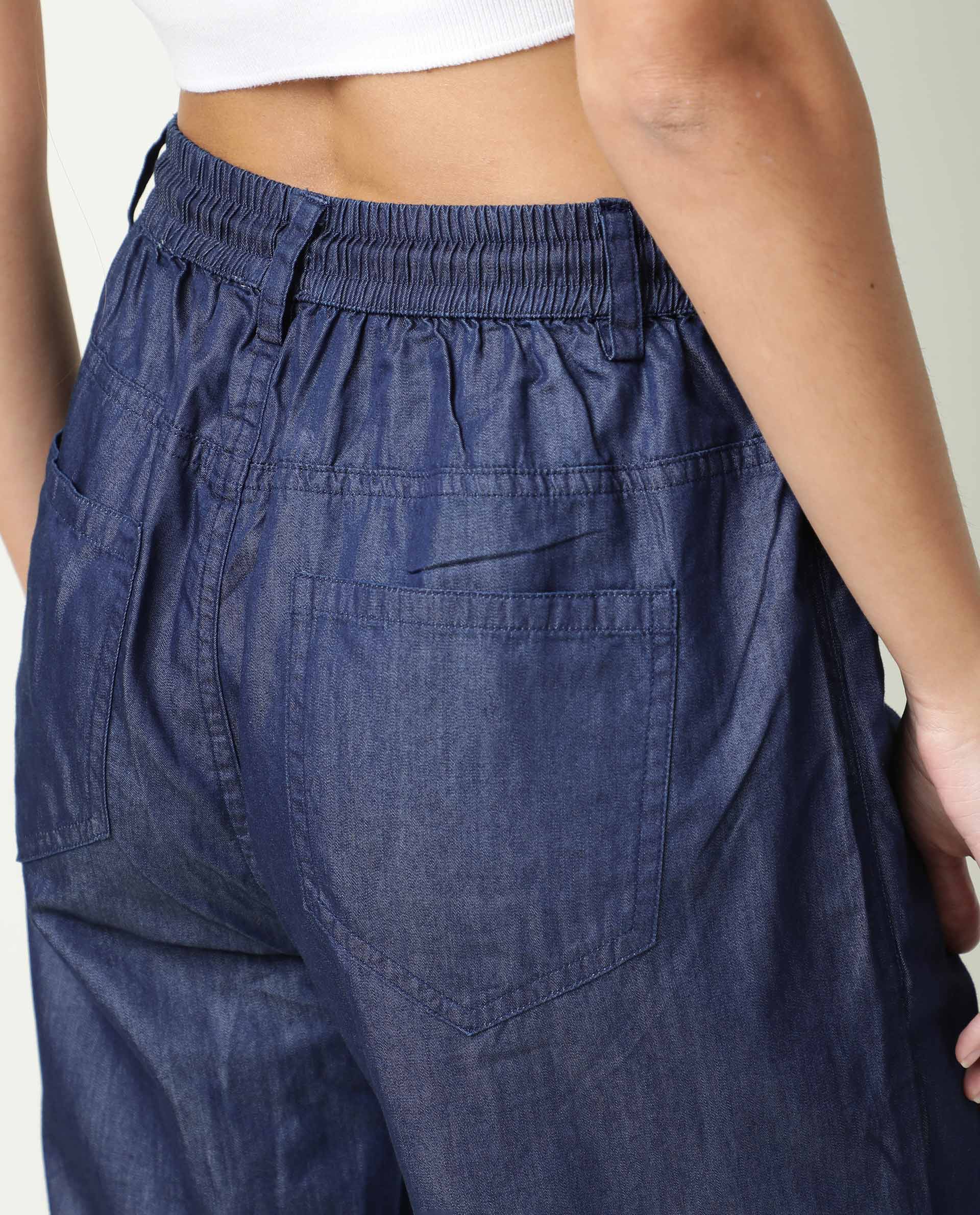 Rareism Women Lipo Navy Tencel Fabric Relaxed Fit High Rise Solid Ankle Length Trousers