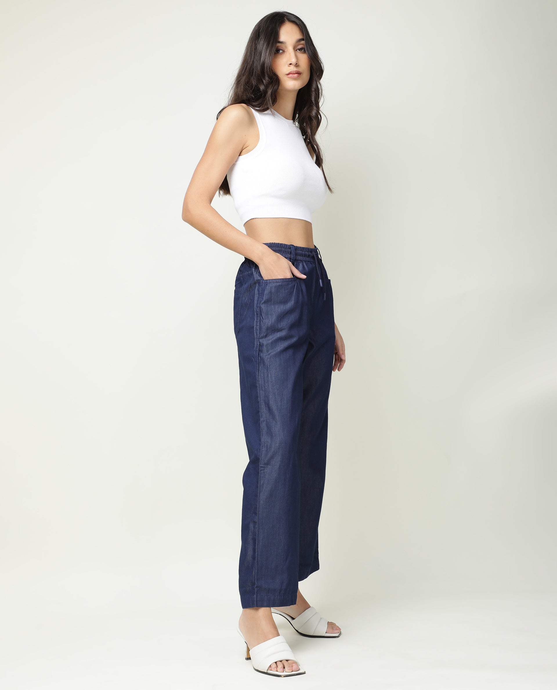 Rareism Women Lipo Navy Tencel Fabric Relaxed Fit High Rise Solid Ankle Length Trousers