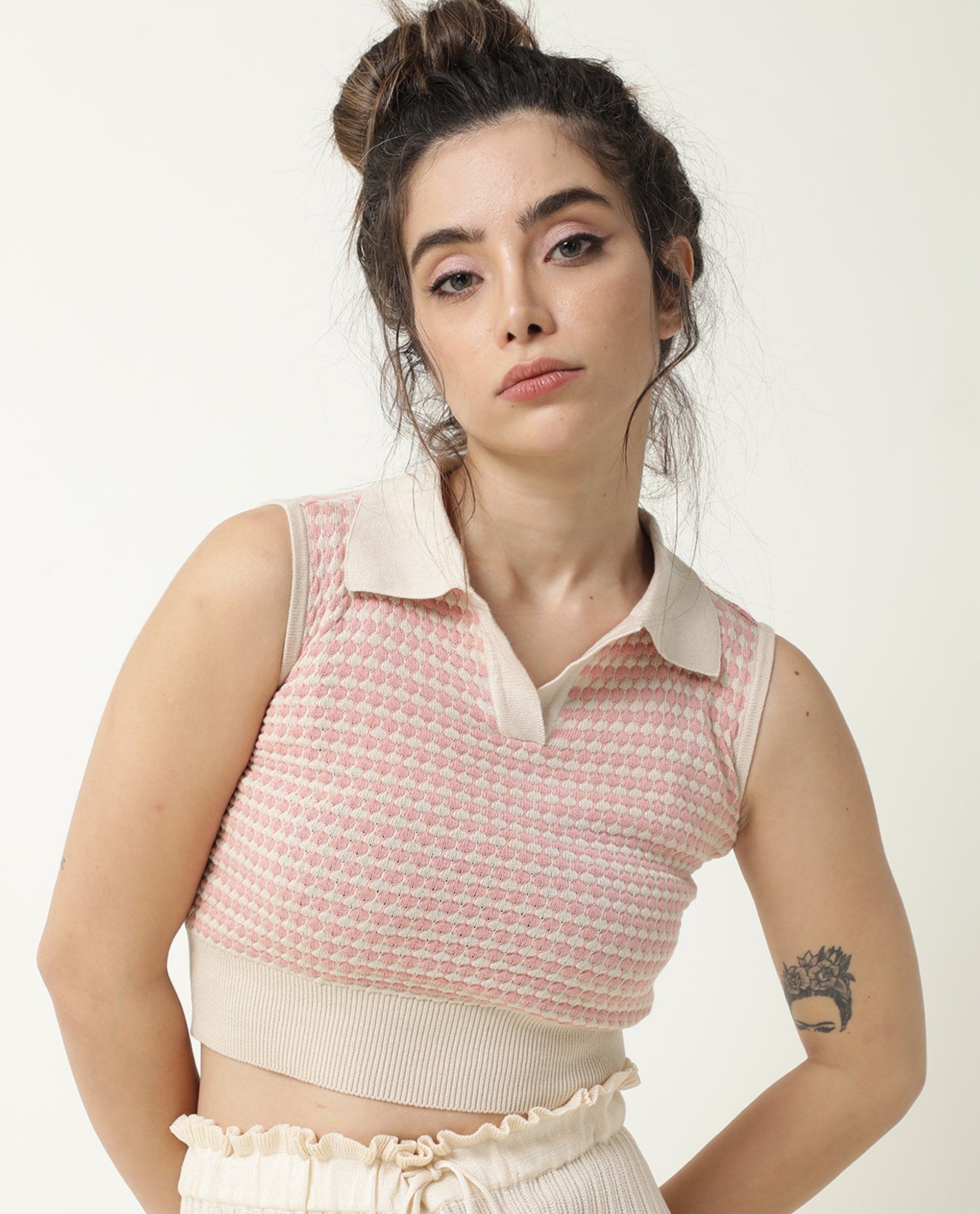 Rareism Women Rylee Beige Cotton Fabric Sleeveless Cropped Regular Fit Textured Shirt Collar Sweater