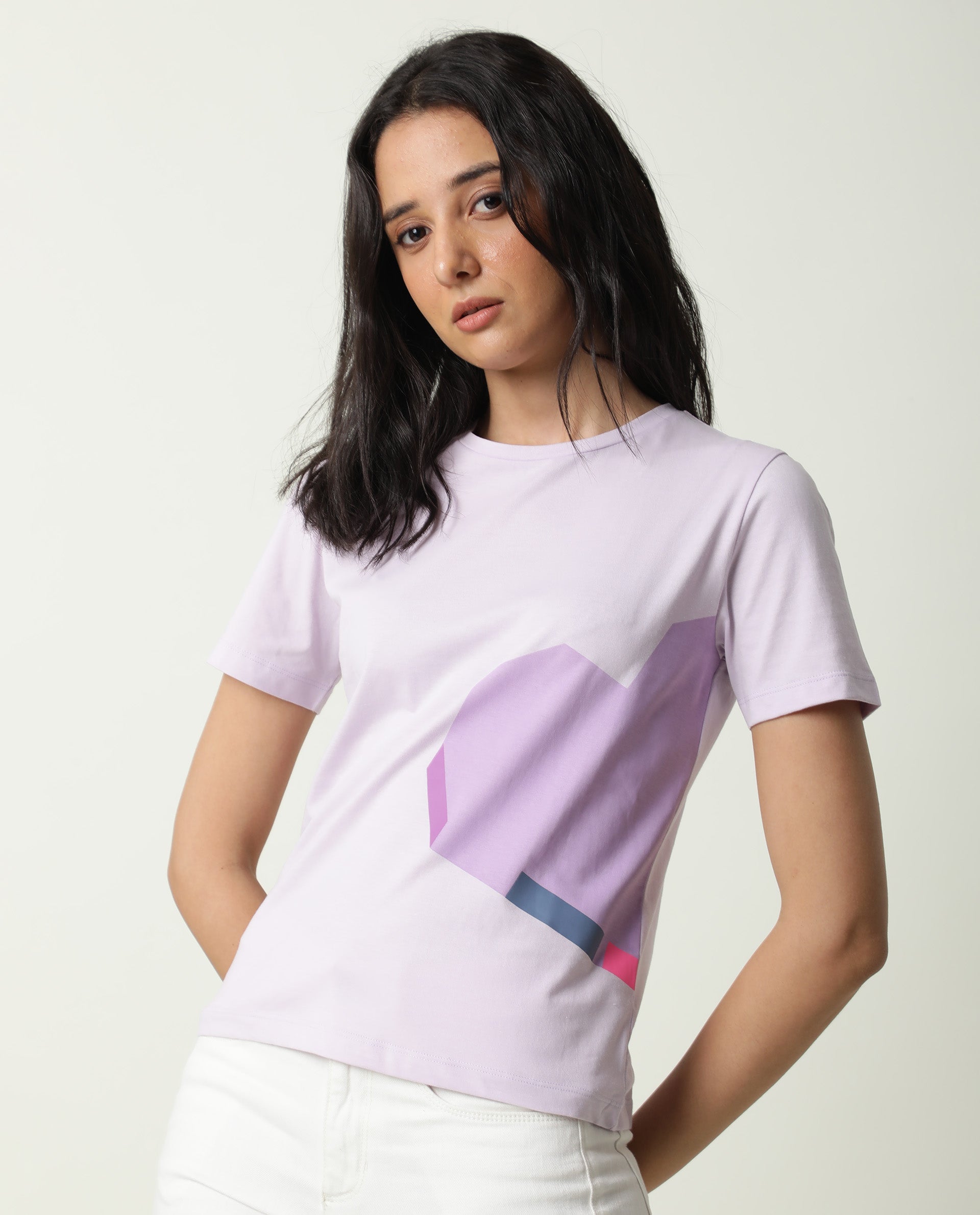 Rareism Women Jeweli Light Pink Cotton Fabric Regular Fit Half Sleeves Graphic Print Crew Neck T-Shirt