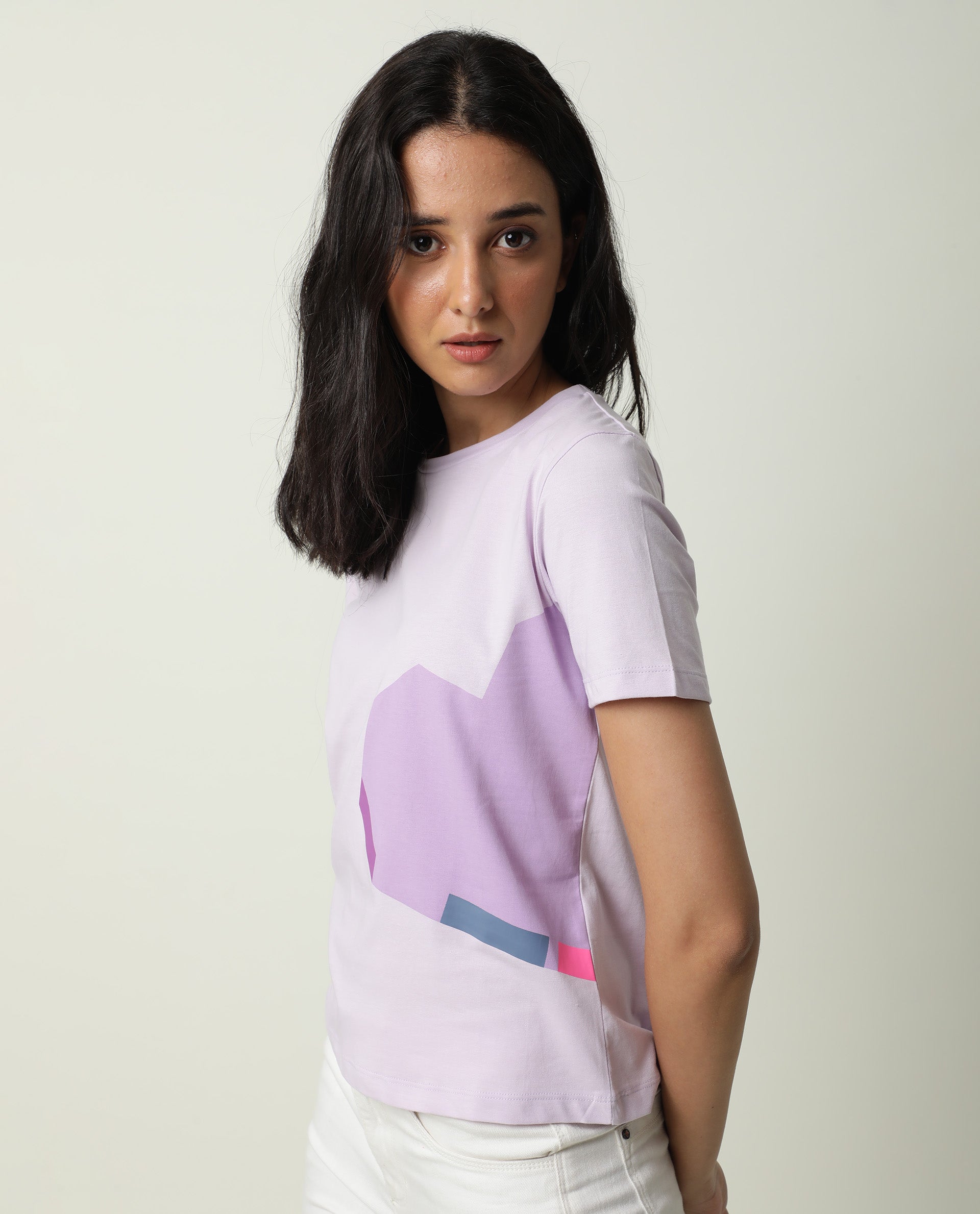 Rareism Women Jeweli Light Pink Cotton Fabric Regular Fit Half Sleeves Graphic Print Crew Neck T-Shirt