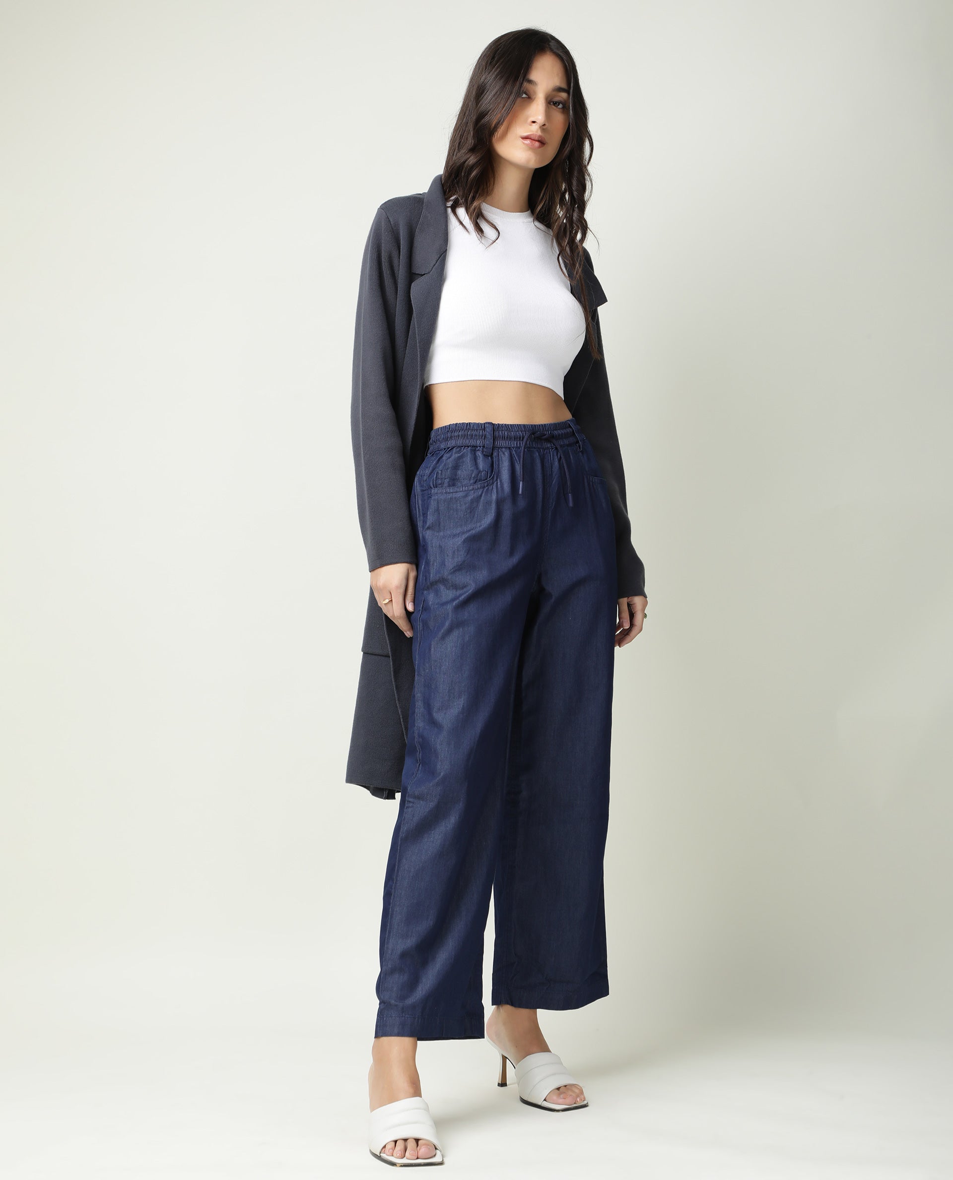 Rareism Women Lipo Navy Tencel Fabric Relaxed Fit High Rise Solid Ankle Length Trousers