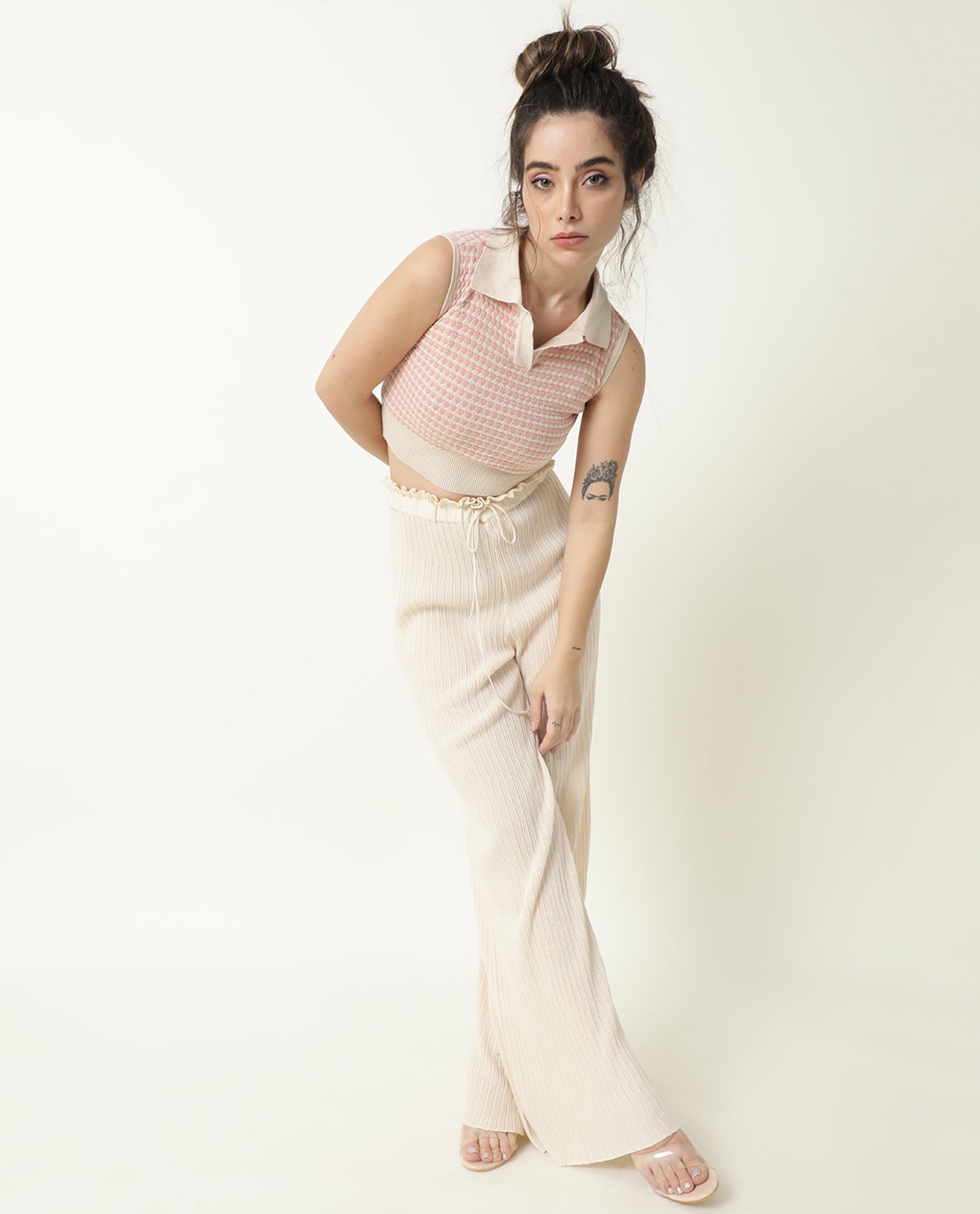 Rareism Women's Rylee Beige Cotton Spread Collar Textured Sleeveless Crop Regular Fit Sweater